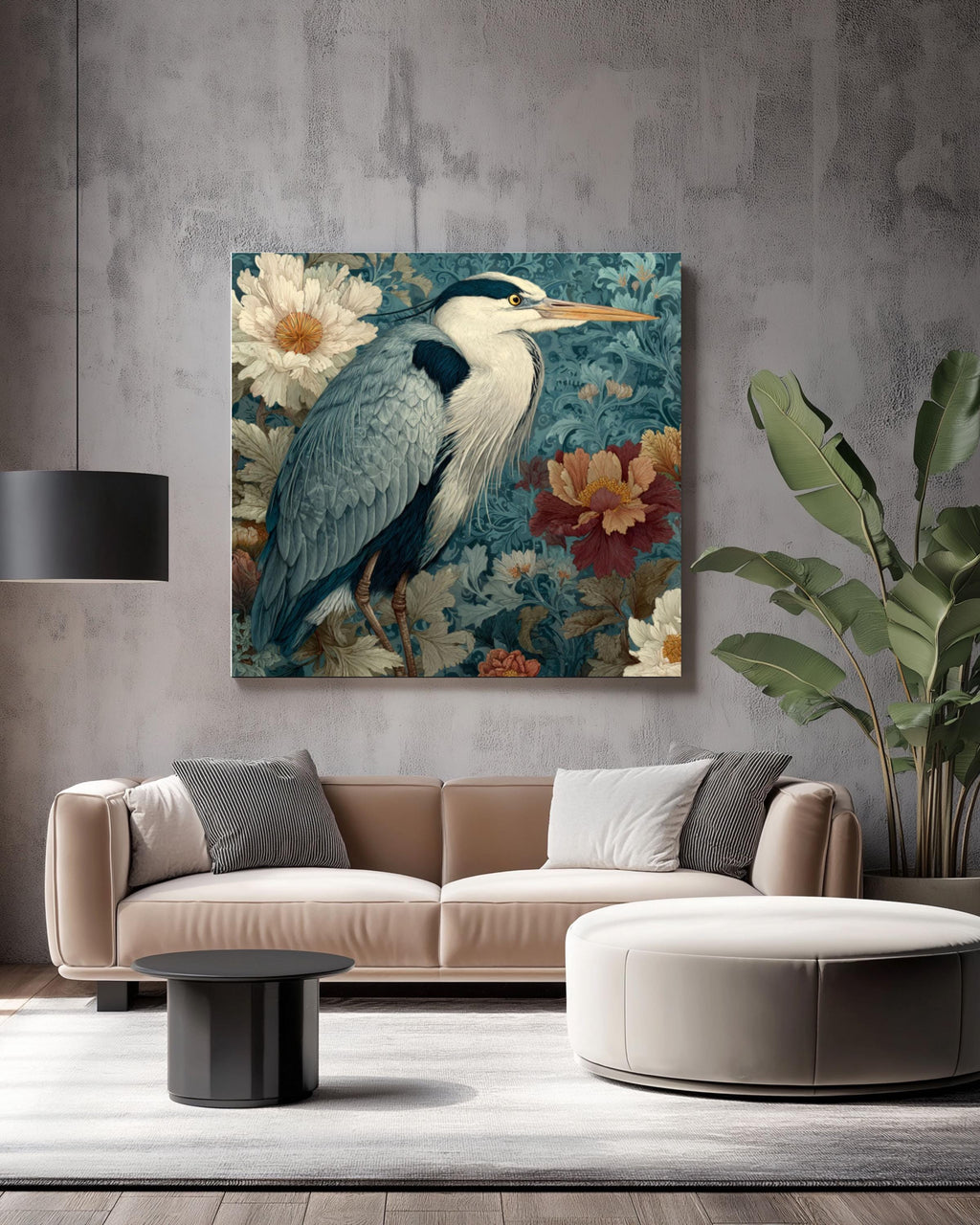 Gray Heron Watercolor Wall Art – William Morris Style Floral Tapestry Canvas Print