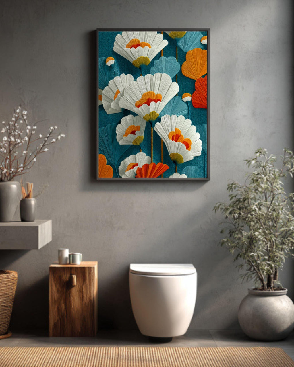 Mid-Century Modern Floral Wall Art – Teal Orange Botanical Canvas Print