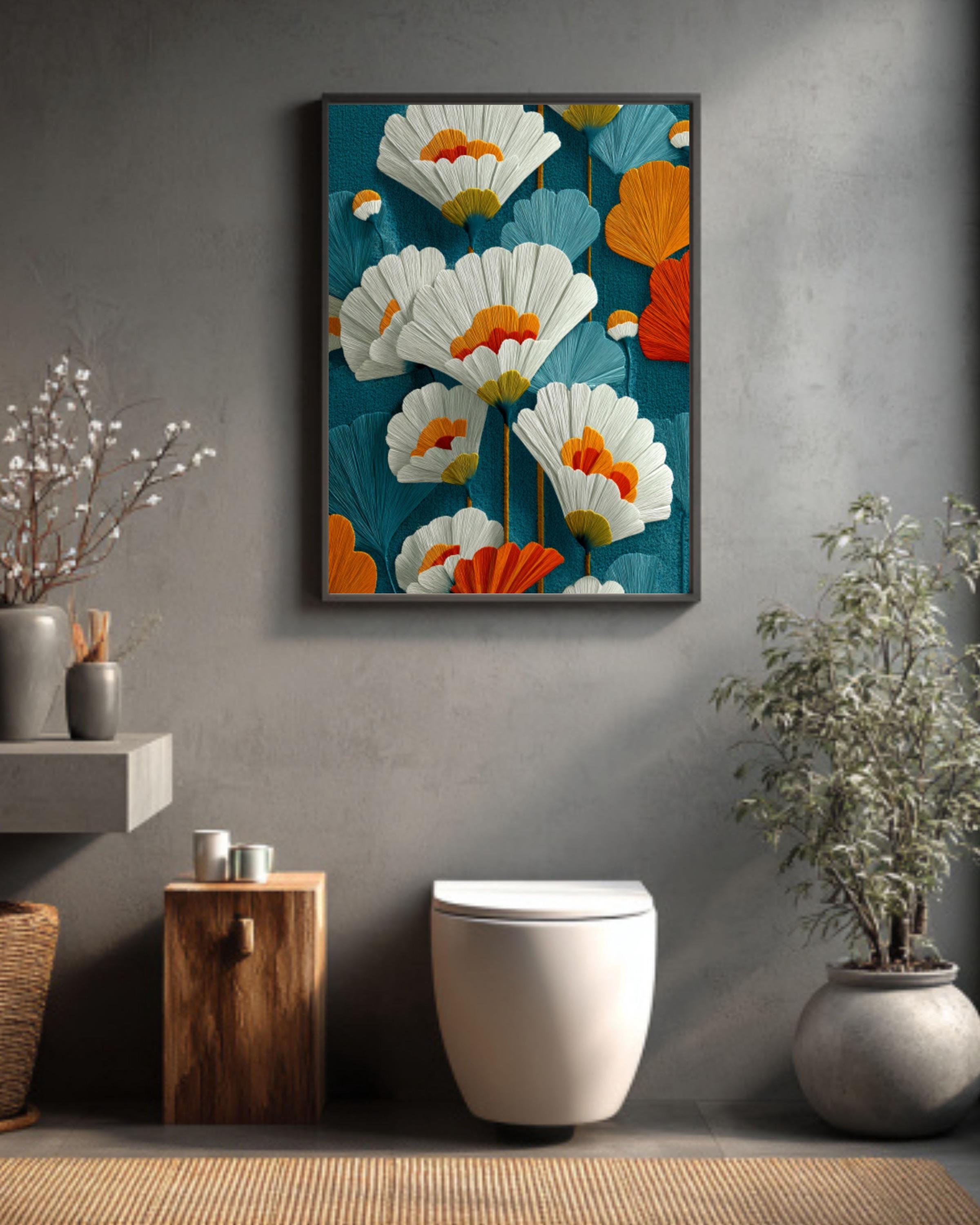 Mid-Century Modern Floral Wall Art – Teal Orange Botanical Canvas Print