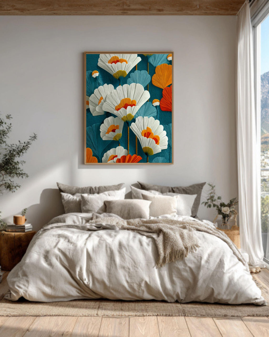 Mid-Century Modern Floral Wall Art – Teal Orange Botanical Canvas Print