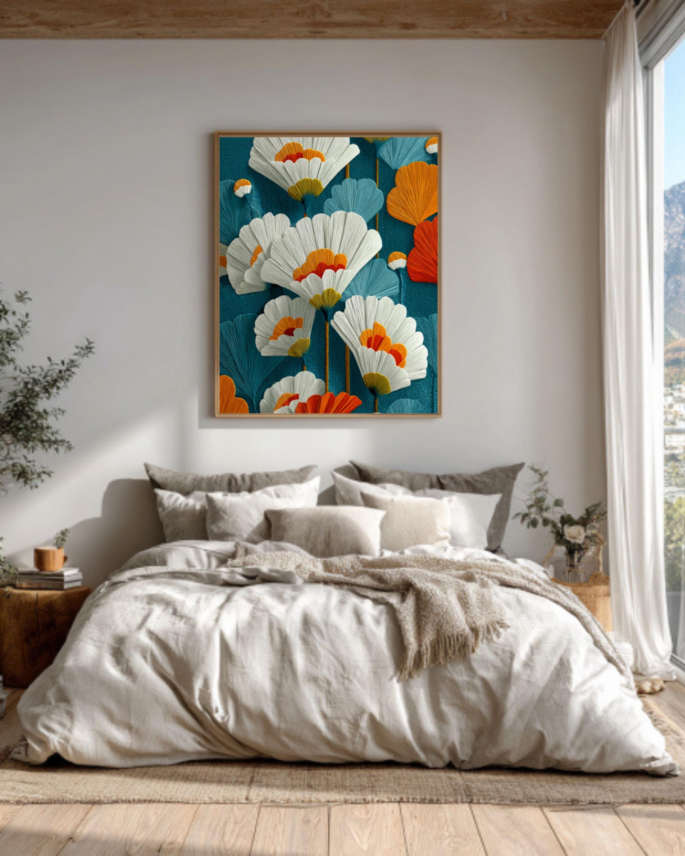 Mid-Century Modern Floral Wall Art – Teal Orange Botanical Canvas Print