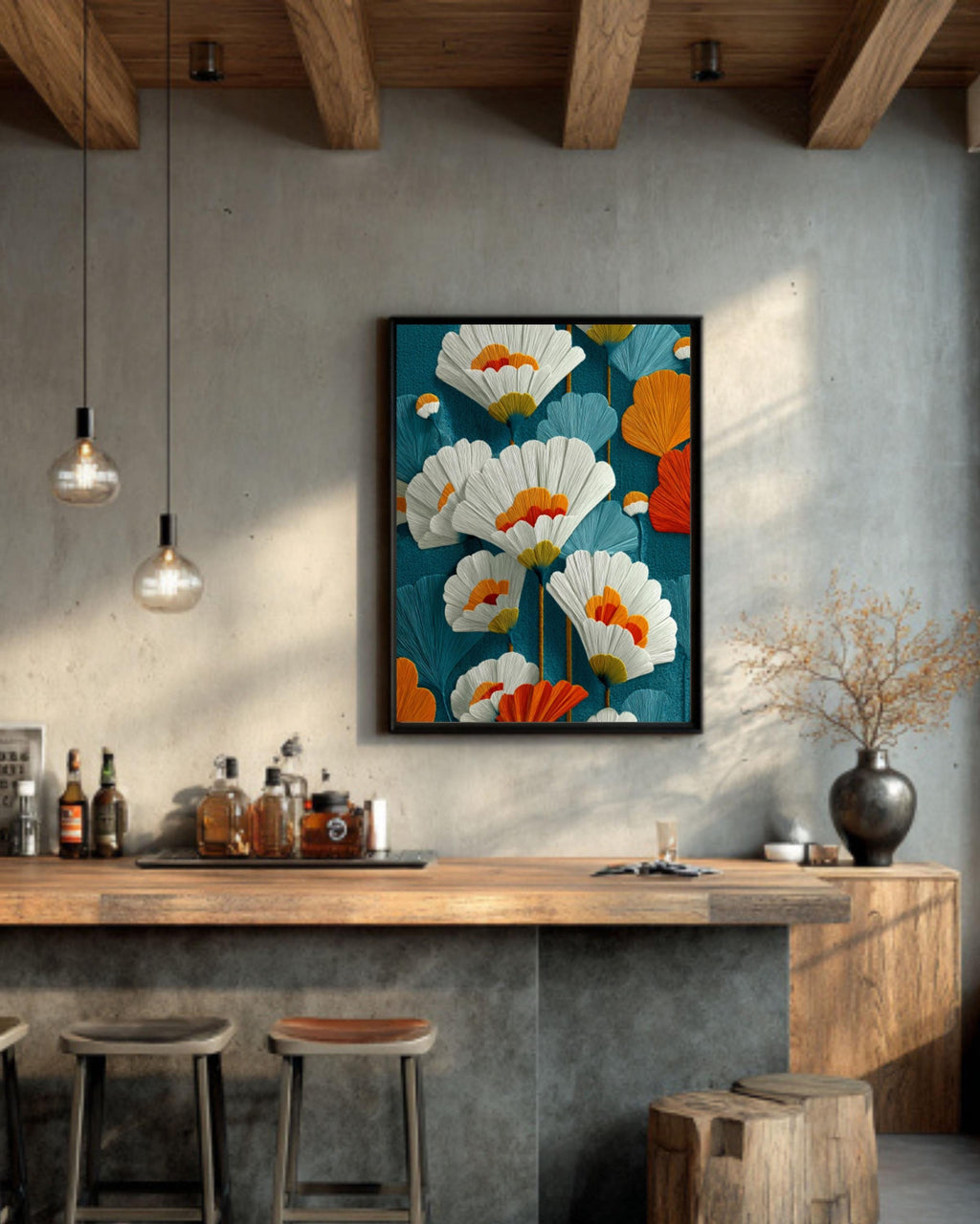 Mid-Century Modern Floral Wall Art – Teal Orange Botanical Canvas Print