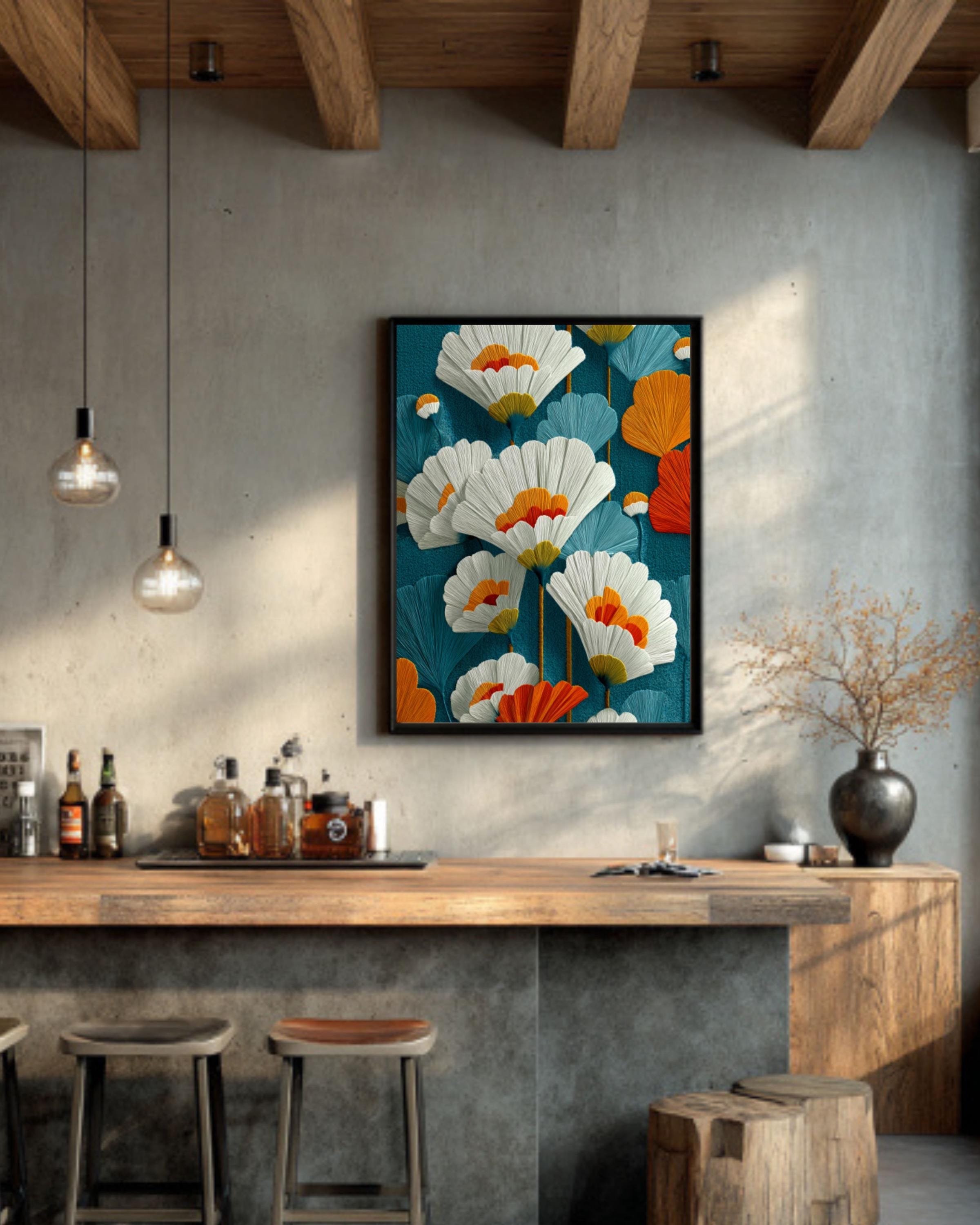 Mid-Century Modern Floral Wall Art – Teal Orange Botanical Canvas Print