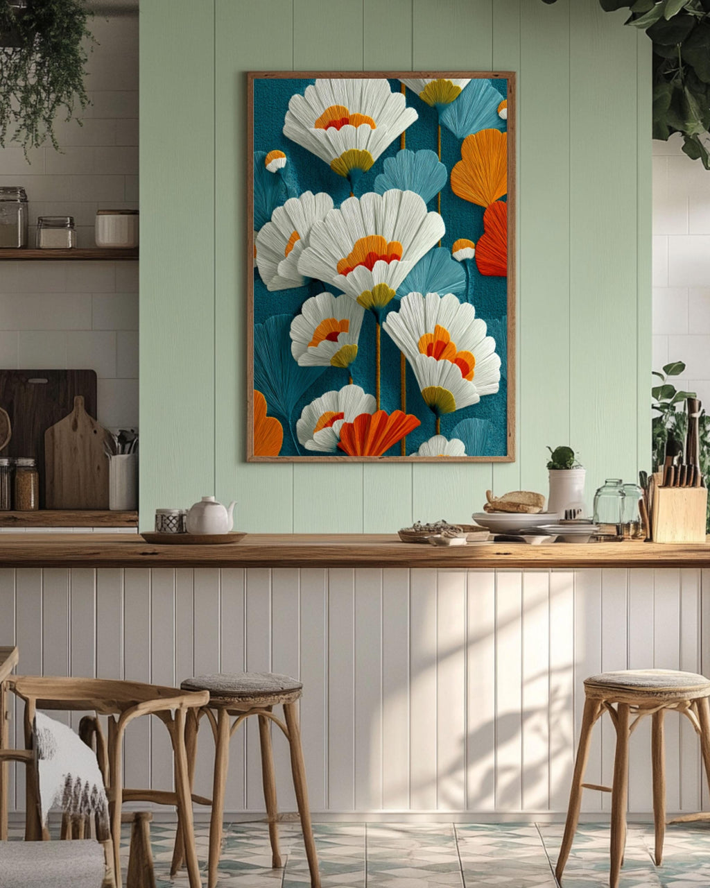 Mid-Century Modern Floral Wall Art – Teal Orange Botanical Canvas Print