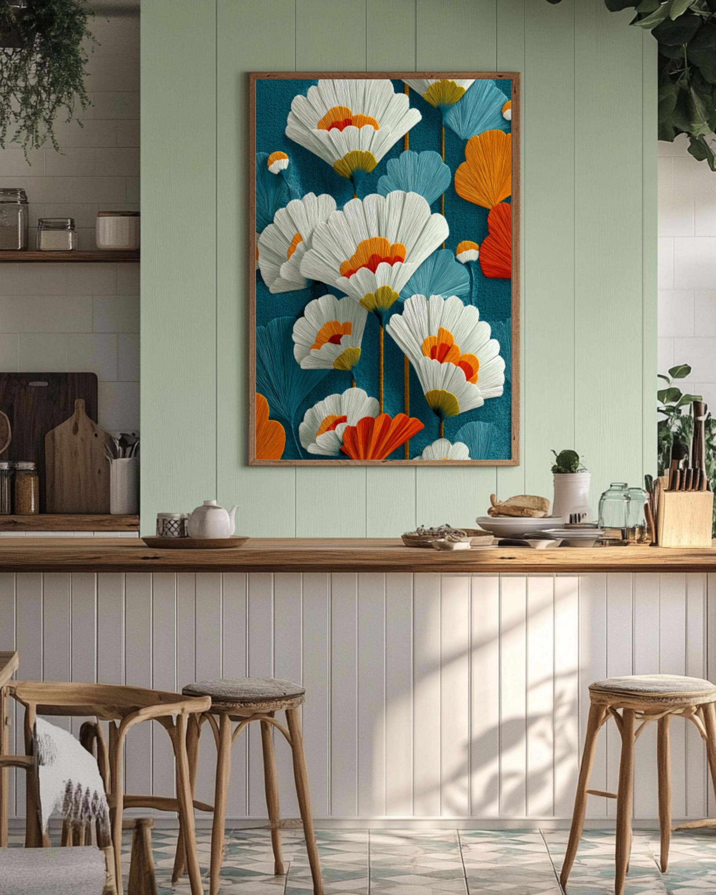 Mid-Century Modern Floral Wall Art – Teal Orange Botanical Canvas Print
