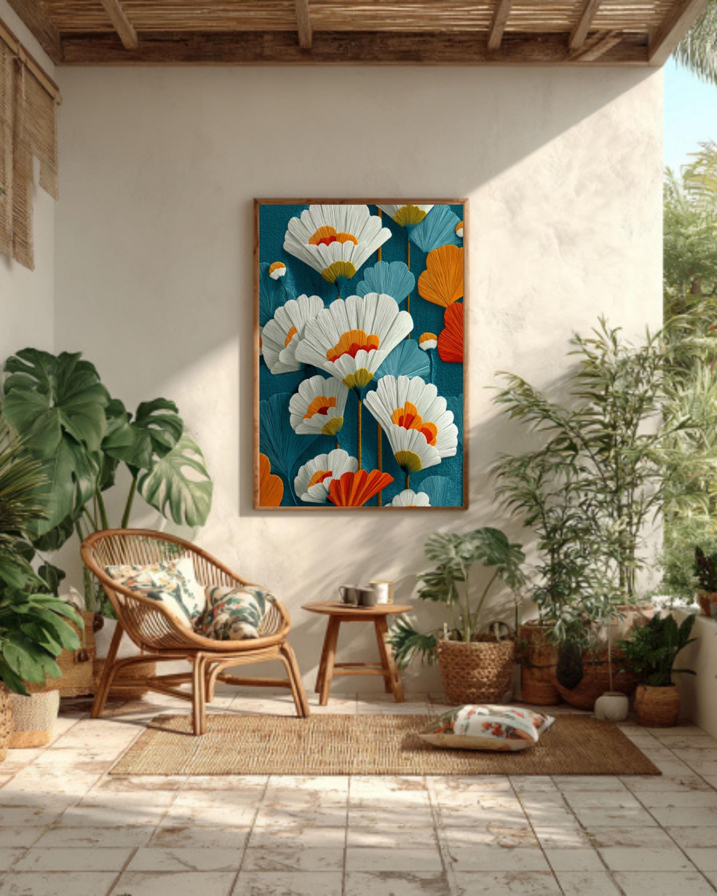 Mid-Century Modern Floral Wall Art – Teal Orange Botanical Canvas Print
