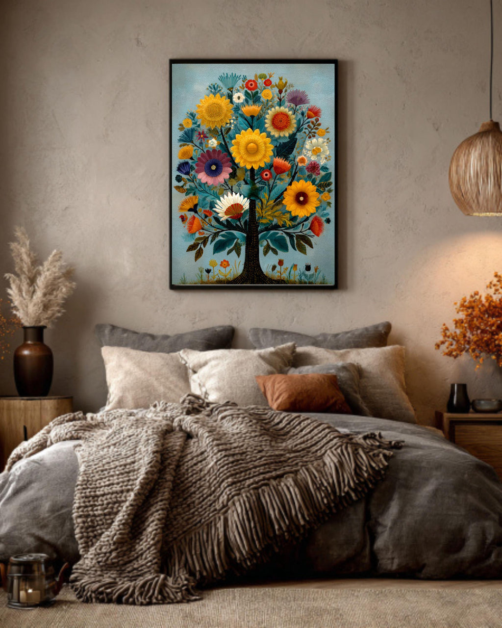Folk Art Floral Tree Wall Art – Whimsical Naive Style Colorful Canvas Print