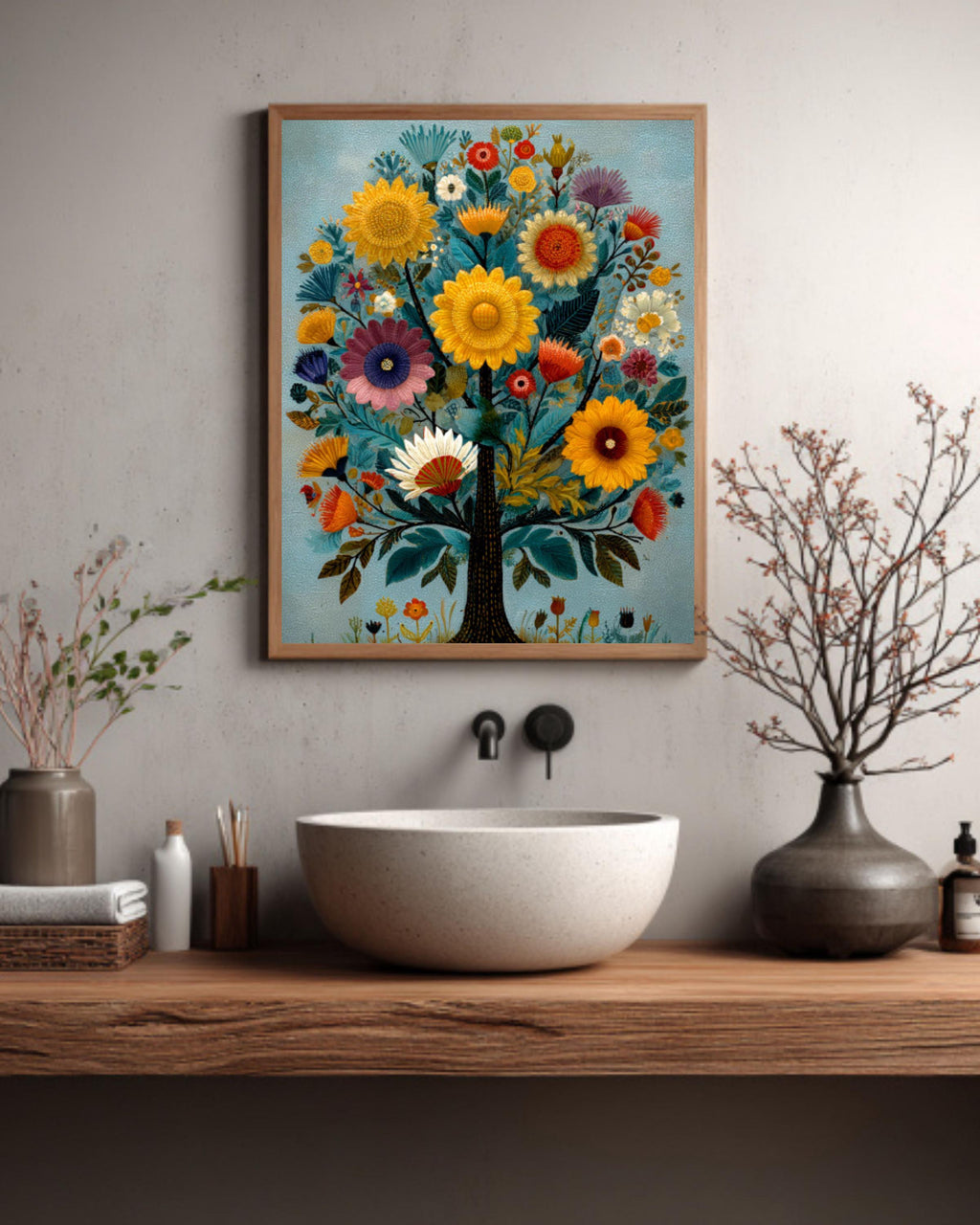 Folk Art Floral Tree Wall Art – Whimsical Naive Style Colorful Canvas Print