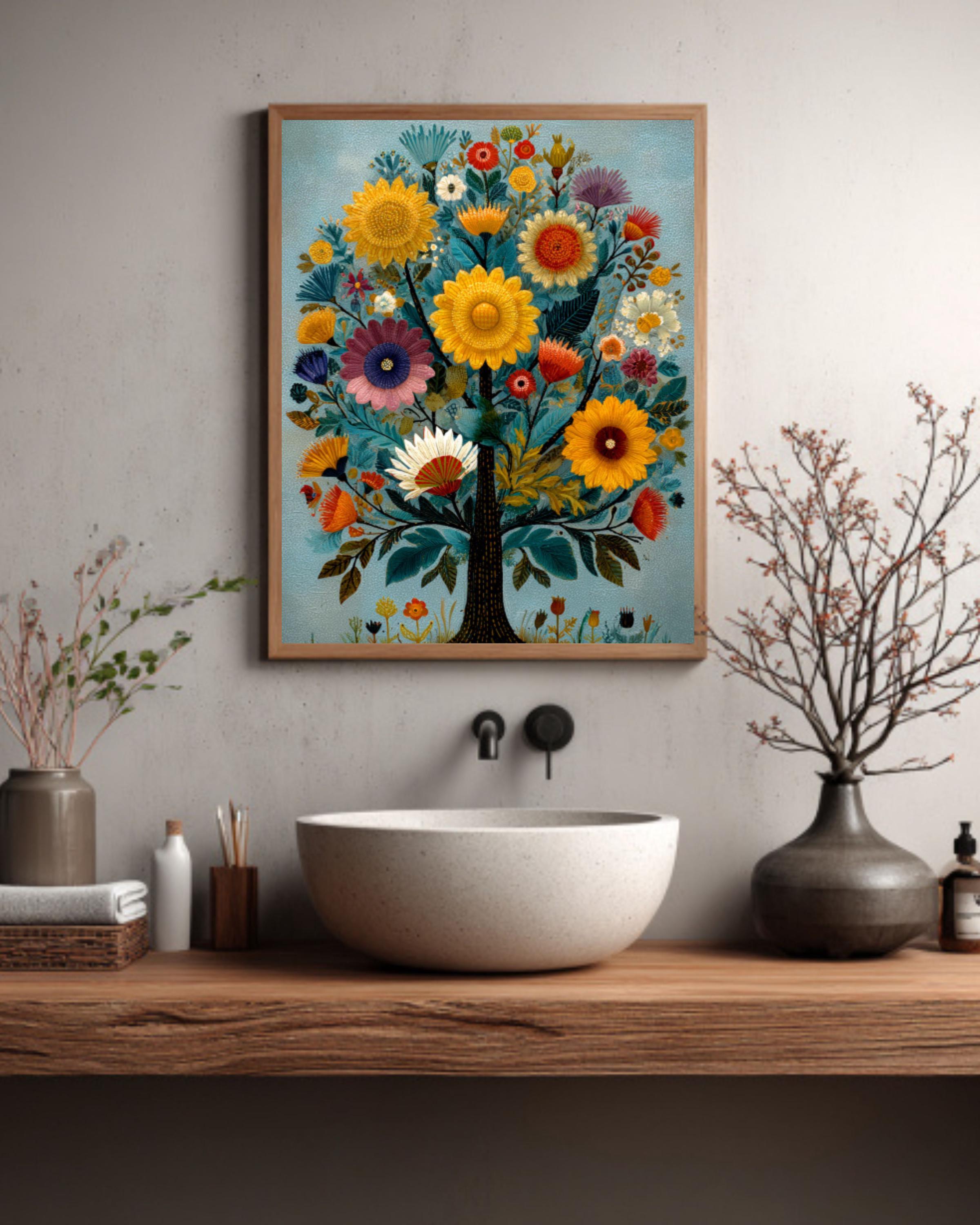 Folk Art Floral Tree Wall Art – Whimsical Naive Style Colorful Canvas Print