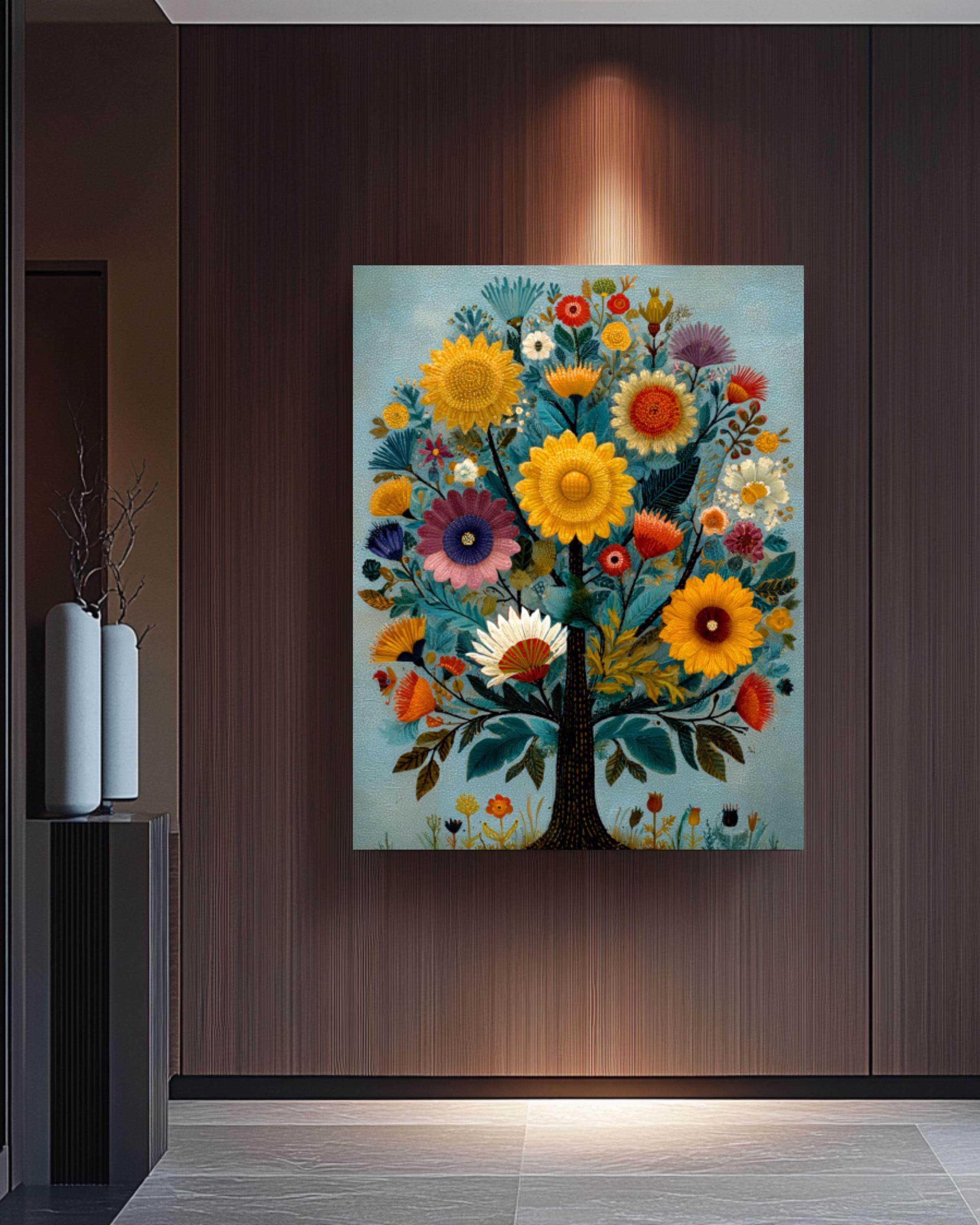Folk Art Floral Tree Wall Art – Whimsical Naive Style Colorful Canvas Print