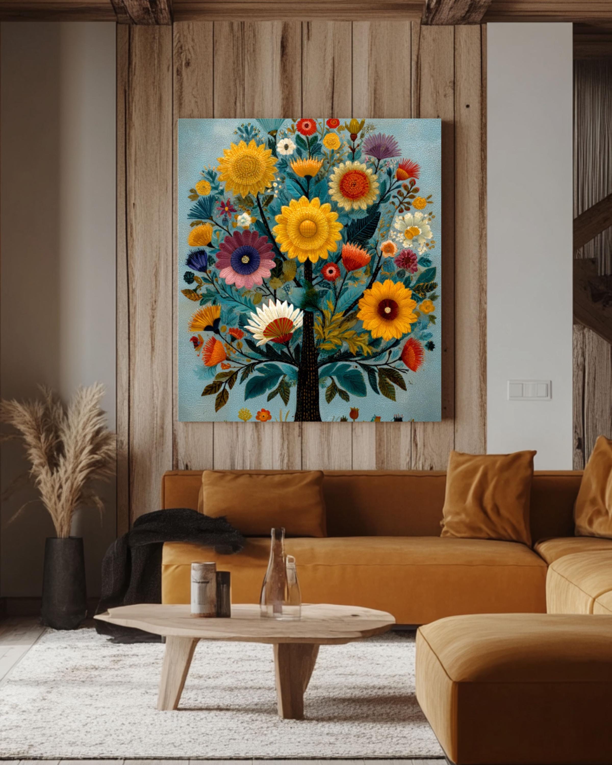 Folk Art Floral Tree Wall Art – Whimsical Naive Style Colorful Canvas Print