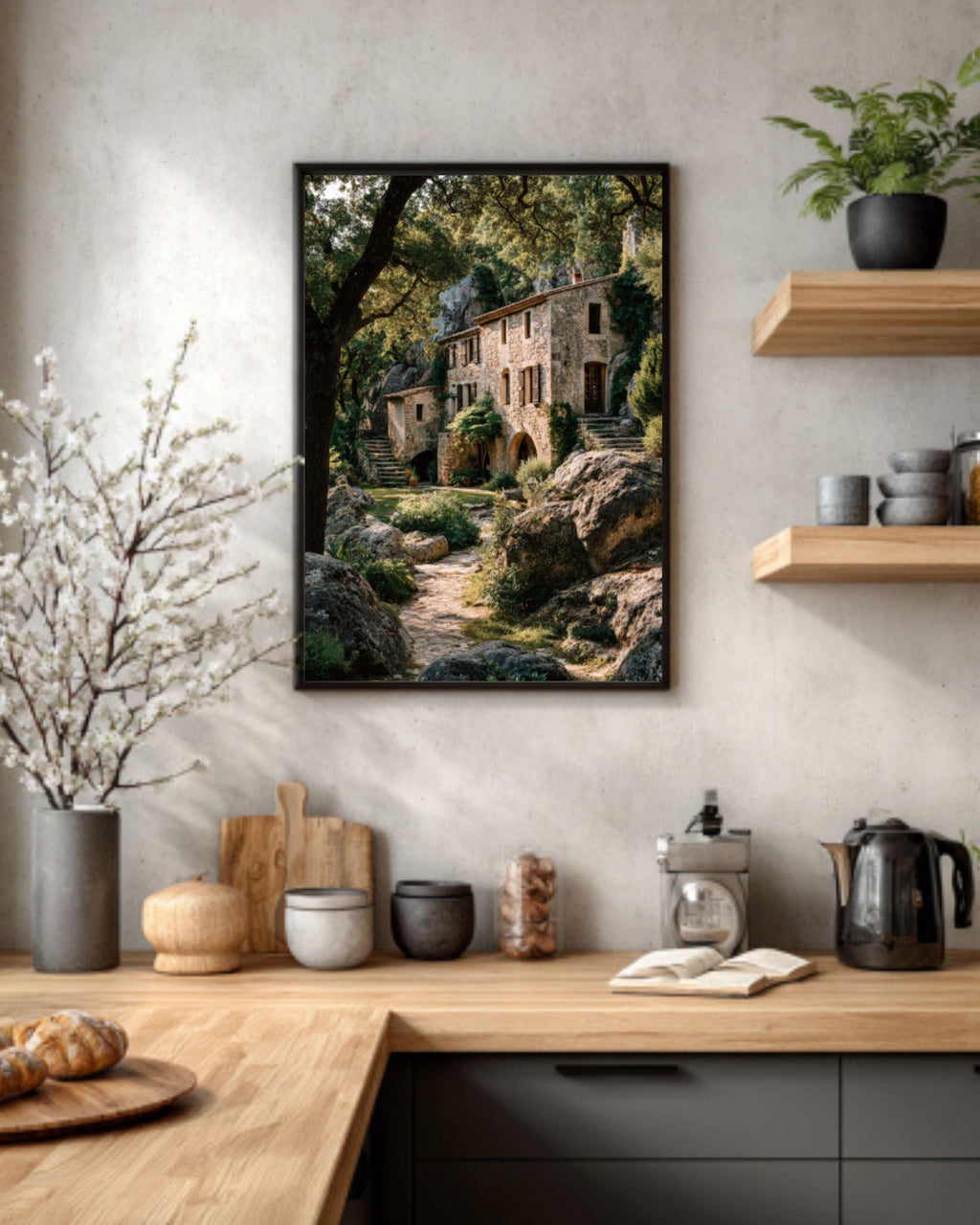 French Stone House Wall Art – Rustic Provence Cottage Canvas Print