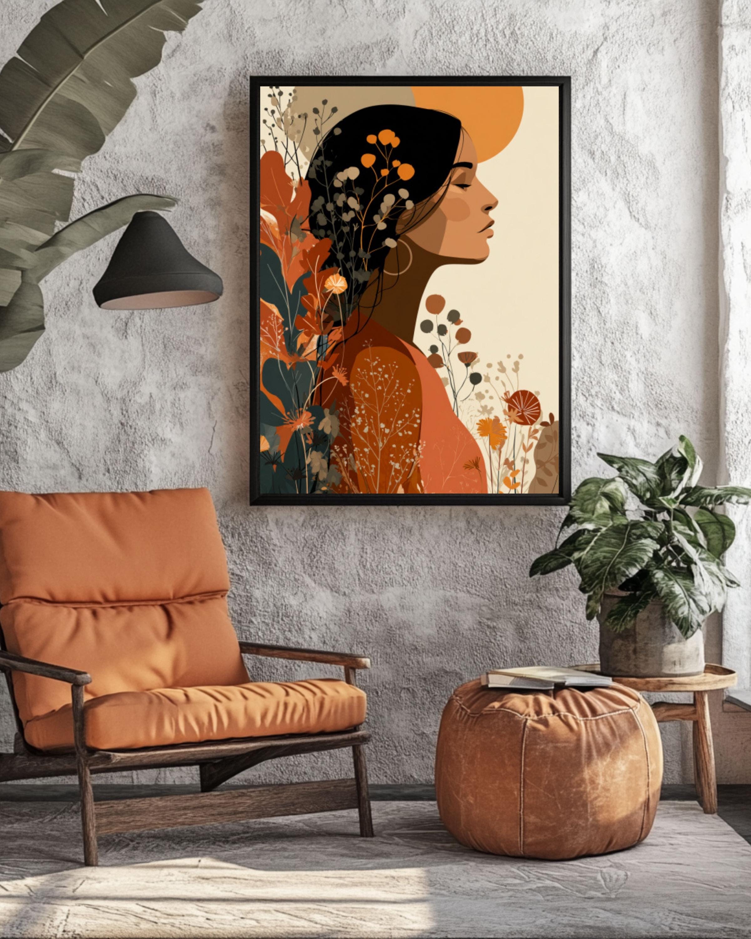 Retro Boho Woman Wall Art Print | 70s Flower Power Earthy Tones