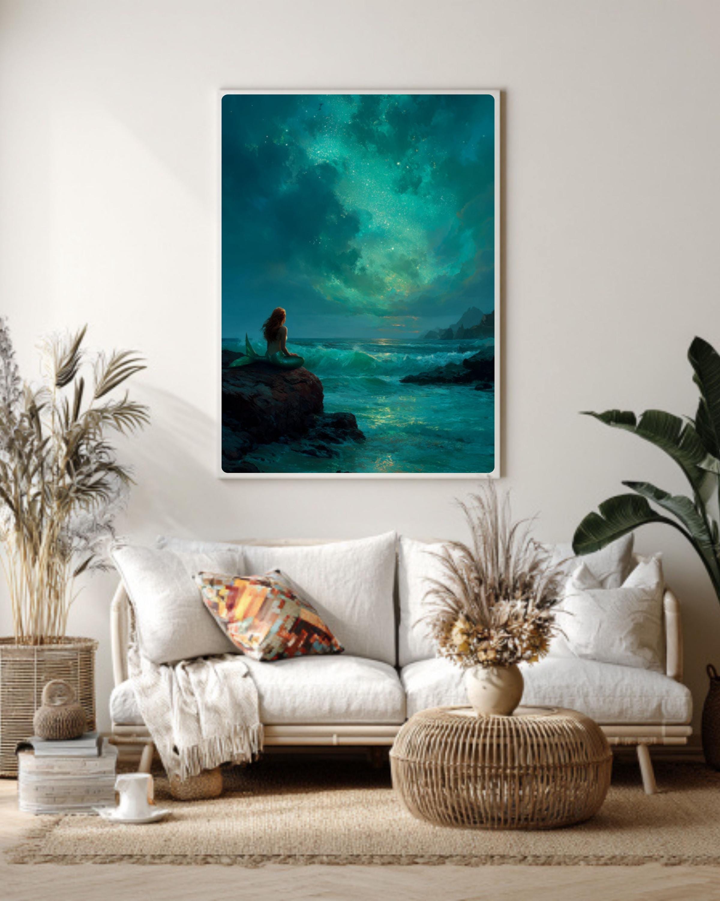 Moonlit Mermaid Fantasy Canvas Art – Emerald Ocean Scene