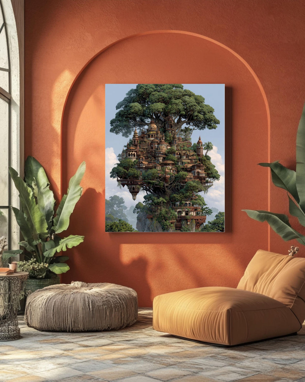 Elven Tree City Fantasy Wall Art – Magical Forest Architecture Print