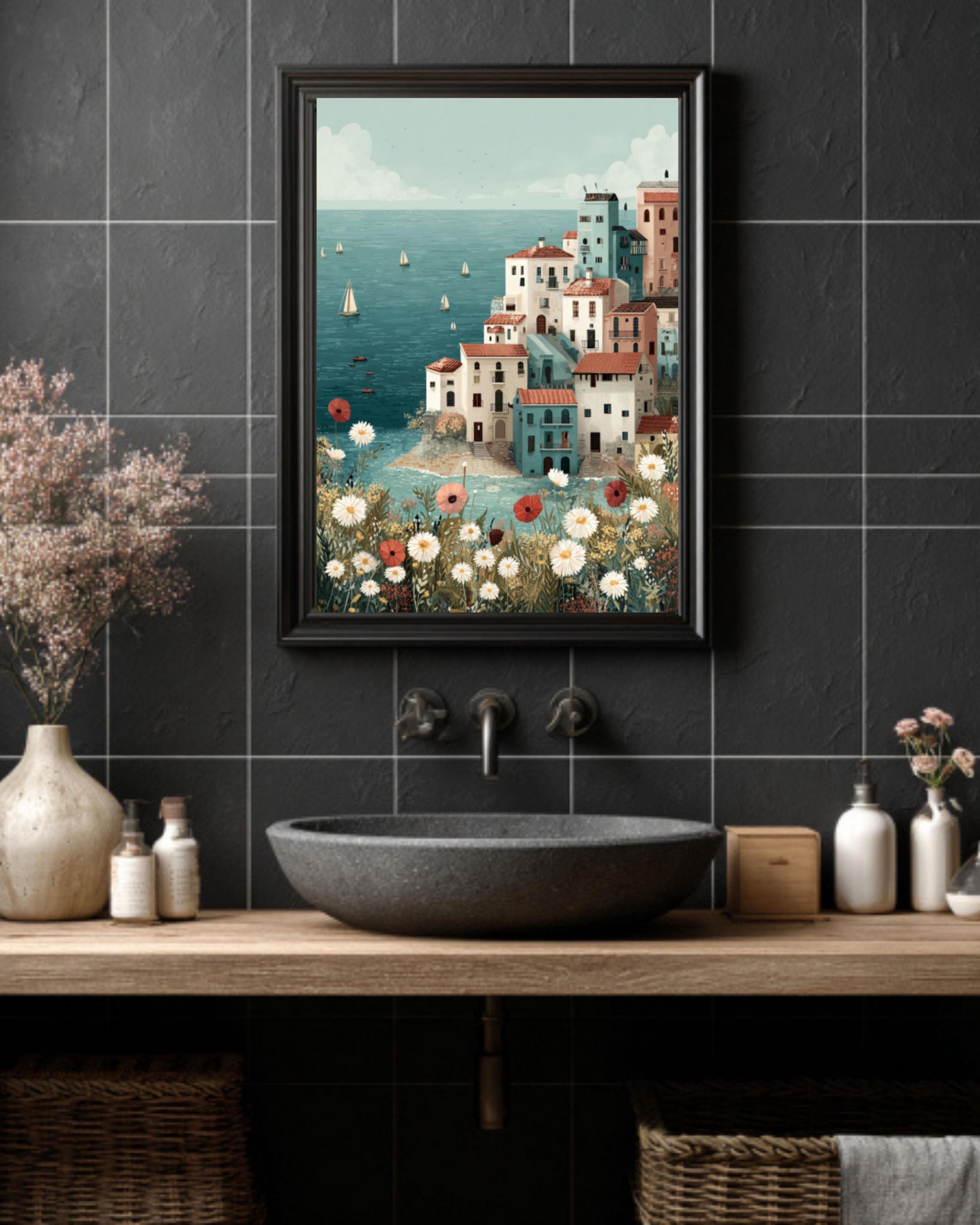 Pastel Coastal Town Wall Art – Seaside Village Sailboats Landscape Canvas Print