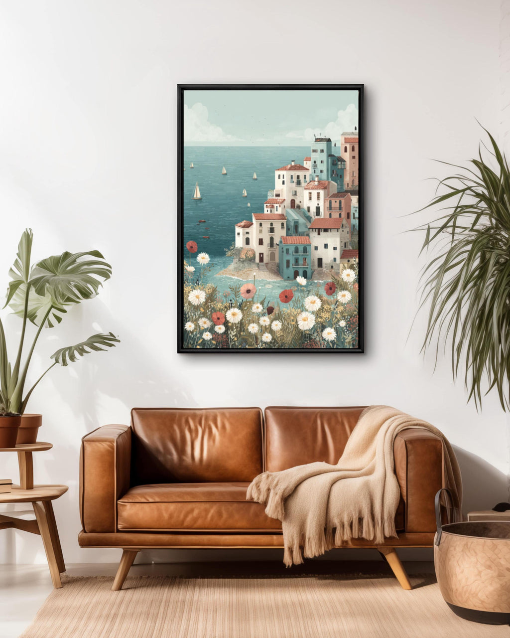 Pastel Coastal Town Wall Art – Seaside Village Sailboats Landscape Canvas Print