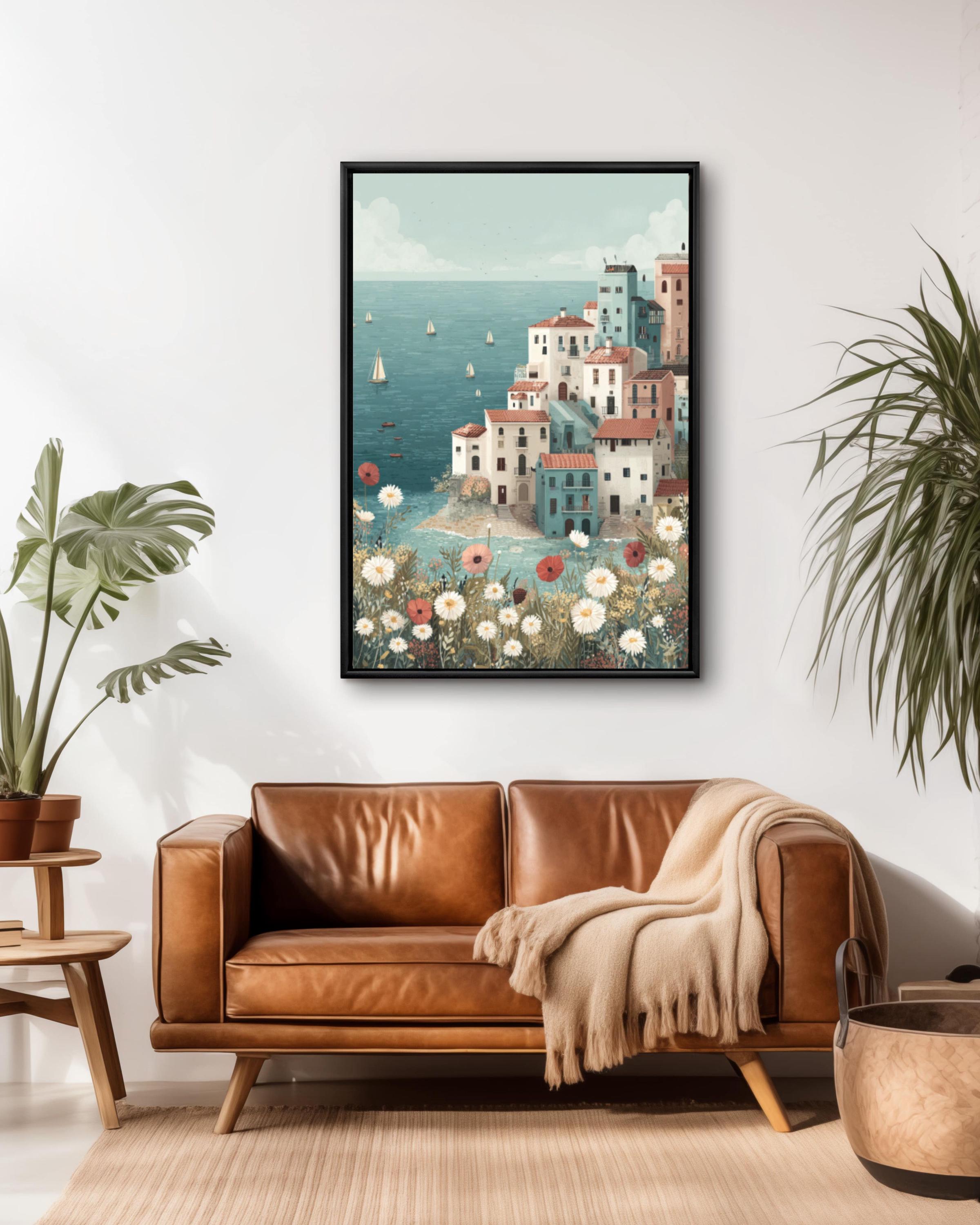 Pastel Coastal Town Wall Art – Seaside Village Sailboats Landscape Canvas Print