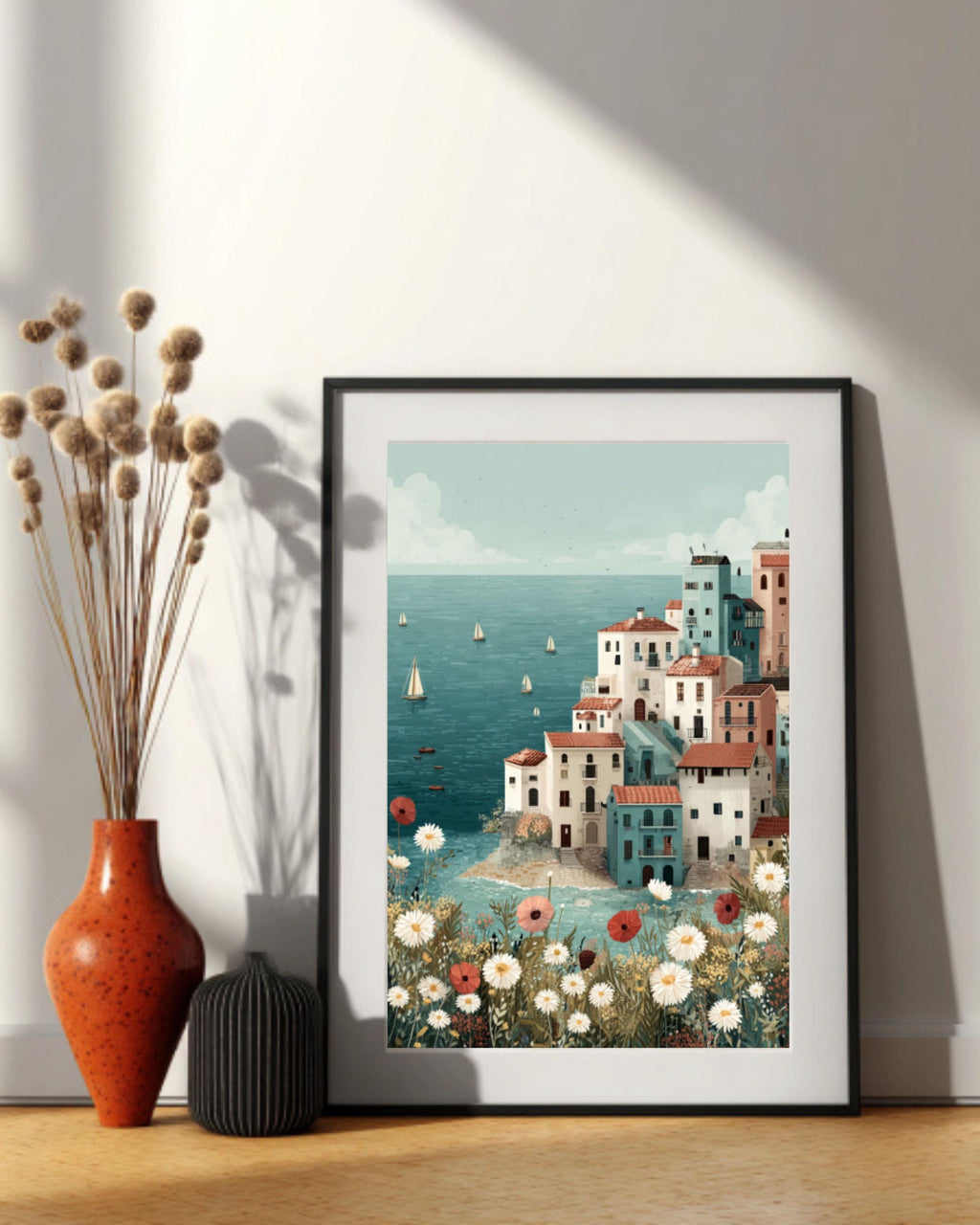 Pastel Coastal Town Wall Art – Seaside Village Sailboats Landscape Canvas Print