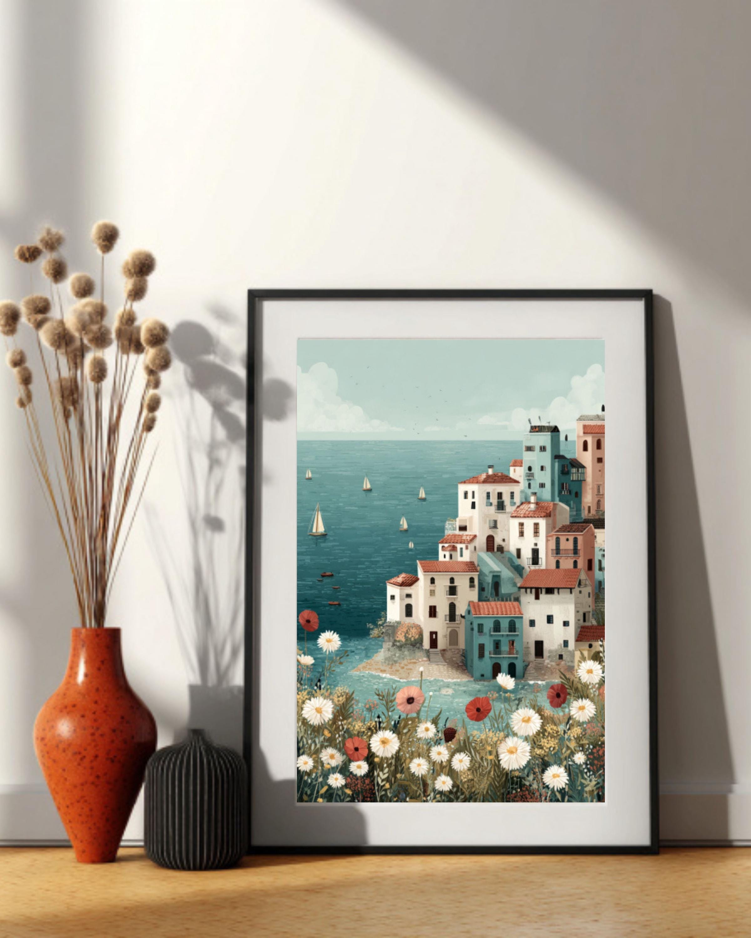 Pastel Coastal Town Wall Art – Seaside Village Sailboats Landscape Canvas Print