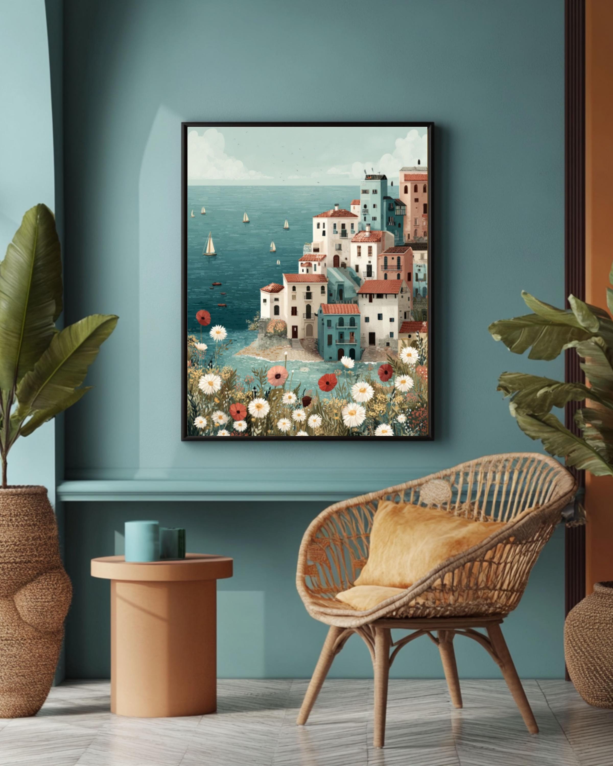 Pastel Coastal Town Wall Art – Seaside Village Sailboats Landscape Canvas Print