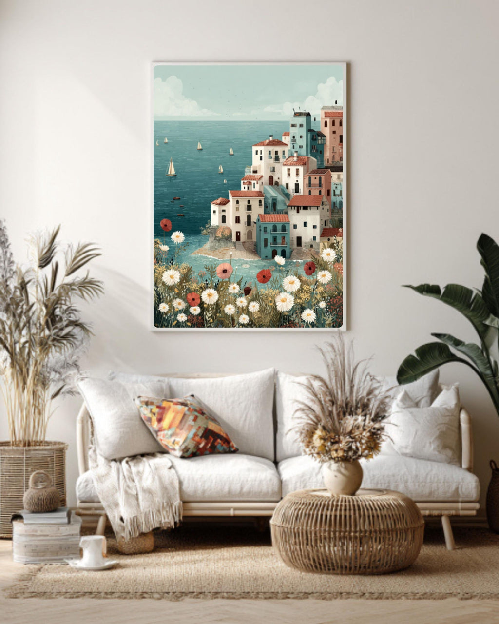 Pastel Coastal Town Wall Art – Seaside Village Sailboats Landscape Canvas Print