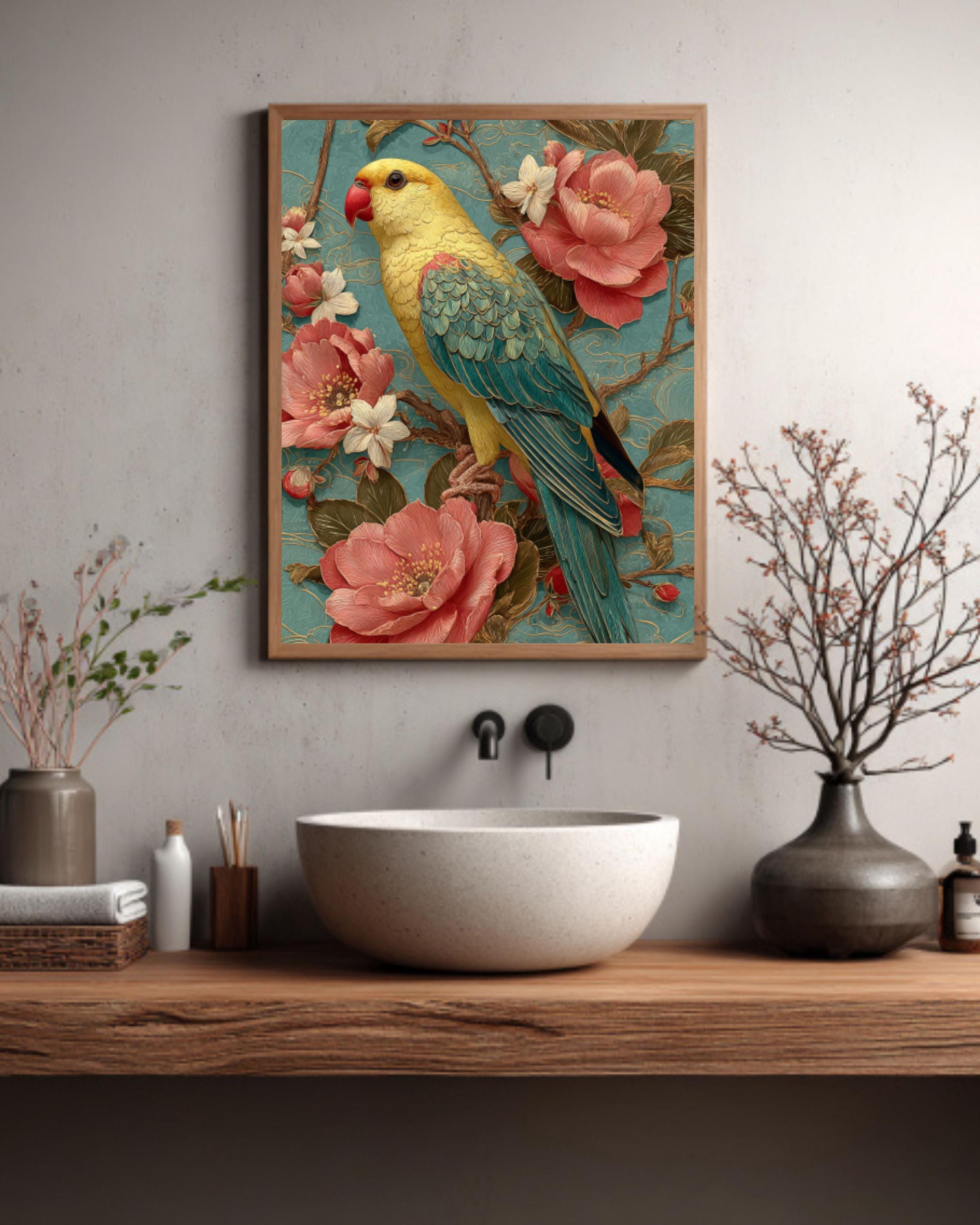 Guochao Yellow Parrot Wall Art – Chinese Floral Embroidery Style Canvas Print