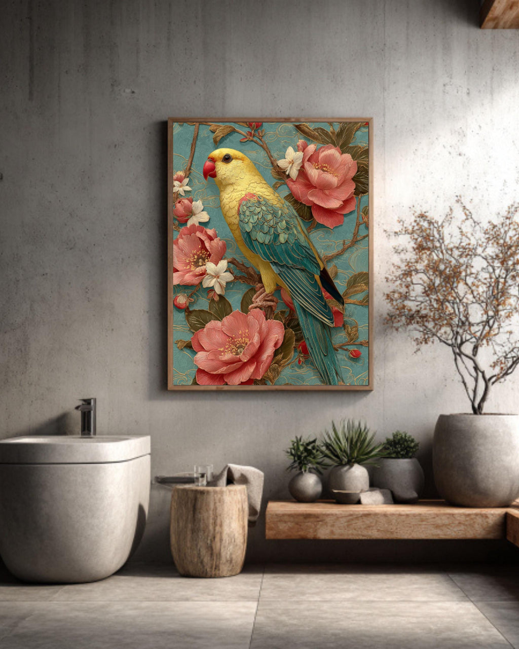 Guochao Yellow Parrot Wall Art – Chinese Floral Embroidery Style Canvas Print