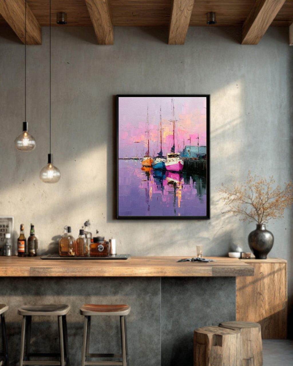 Pastel Sailboat Marina Wall Art – Abstract Coastal Harbor Canvas Print
