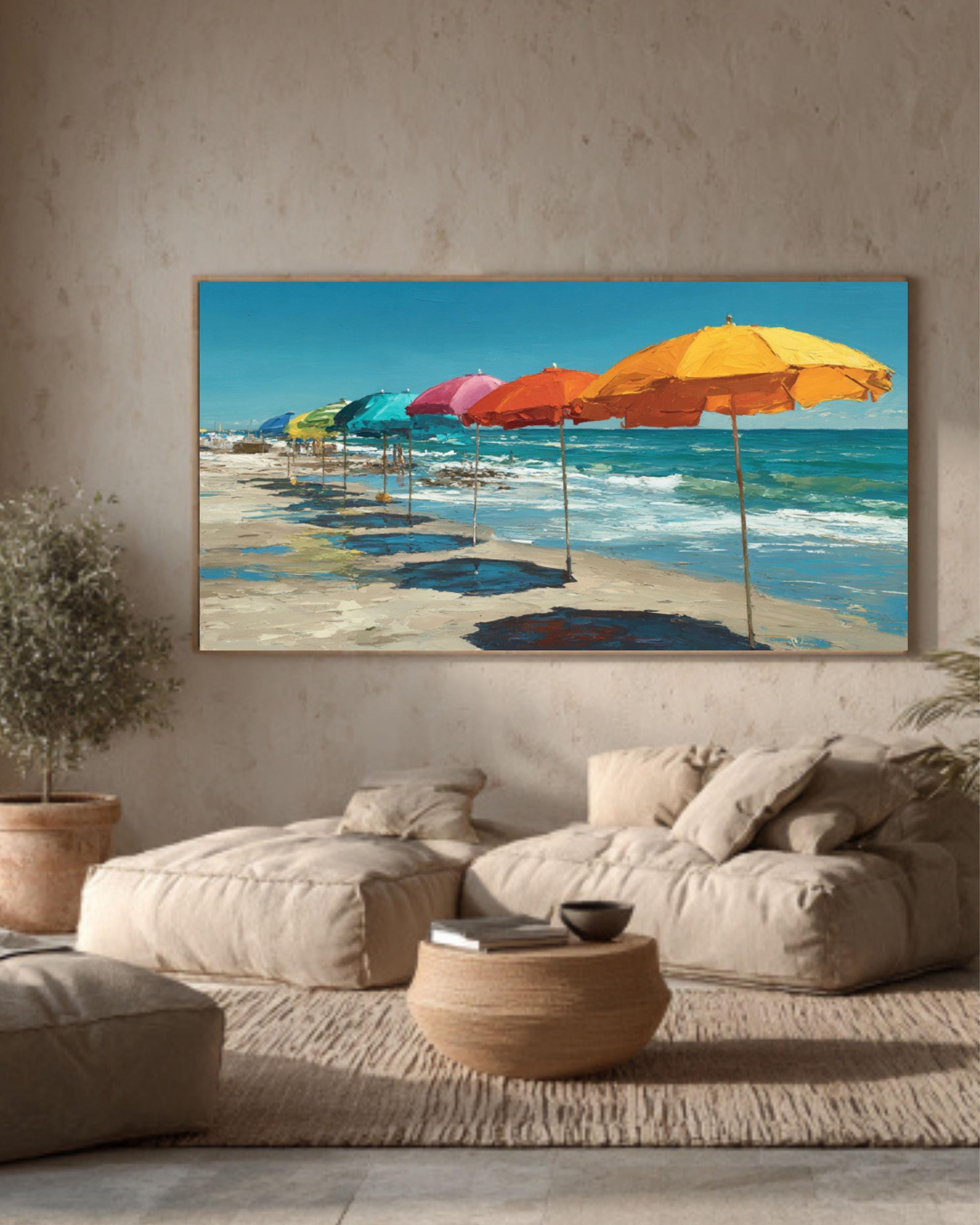 Colorful Beach Umbrella Coastal Wall Art – Summer Seascape Canvas Print