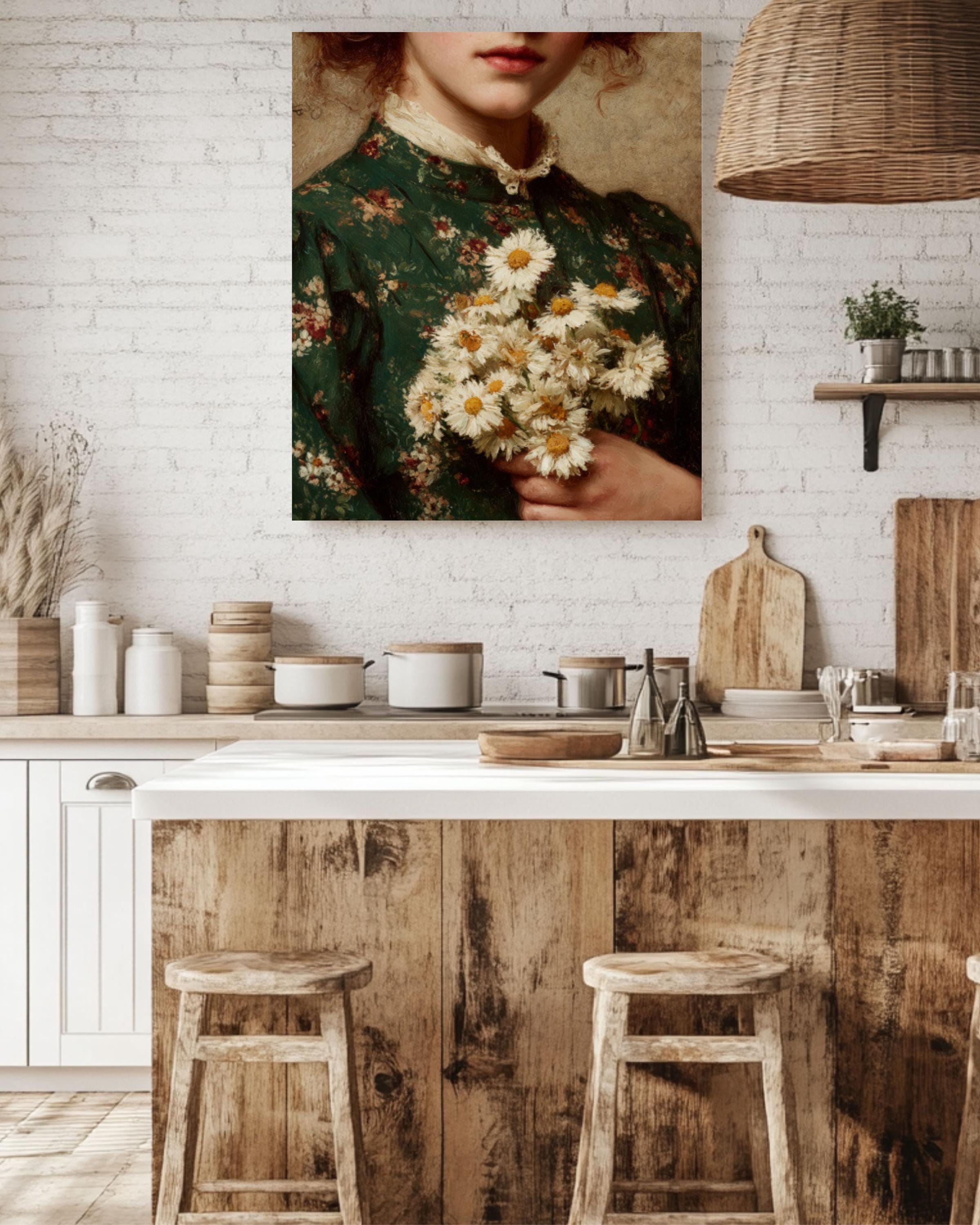Vintage Floral Portrait Wall Art – Classical Woman with Daisies Art Print
