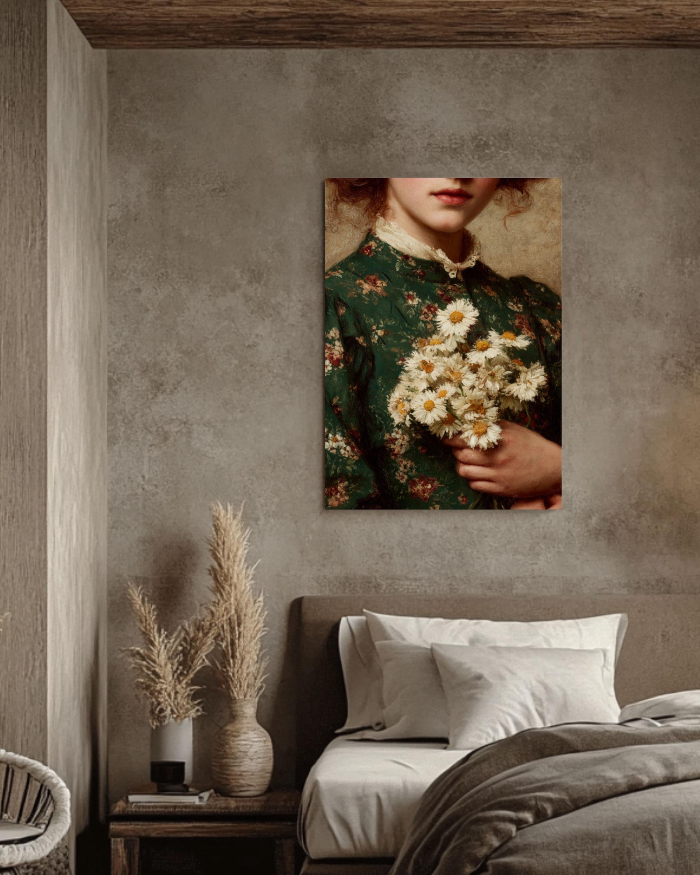 Vintage Floral Portrait Wall Art – Classical Woman with Daisies Art Print