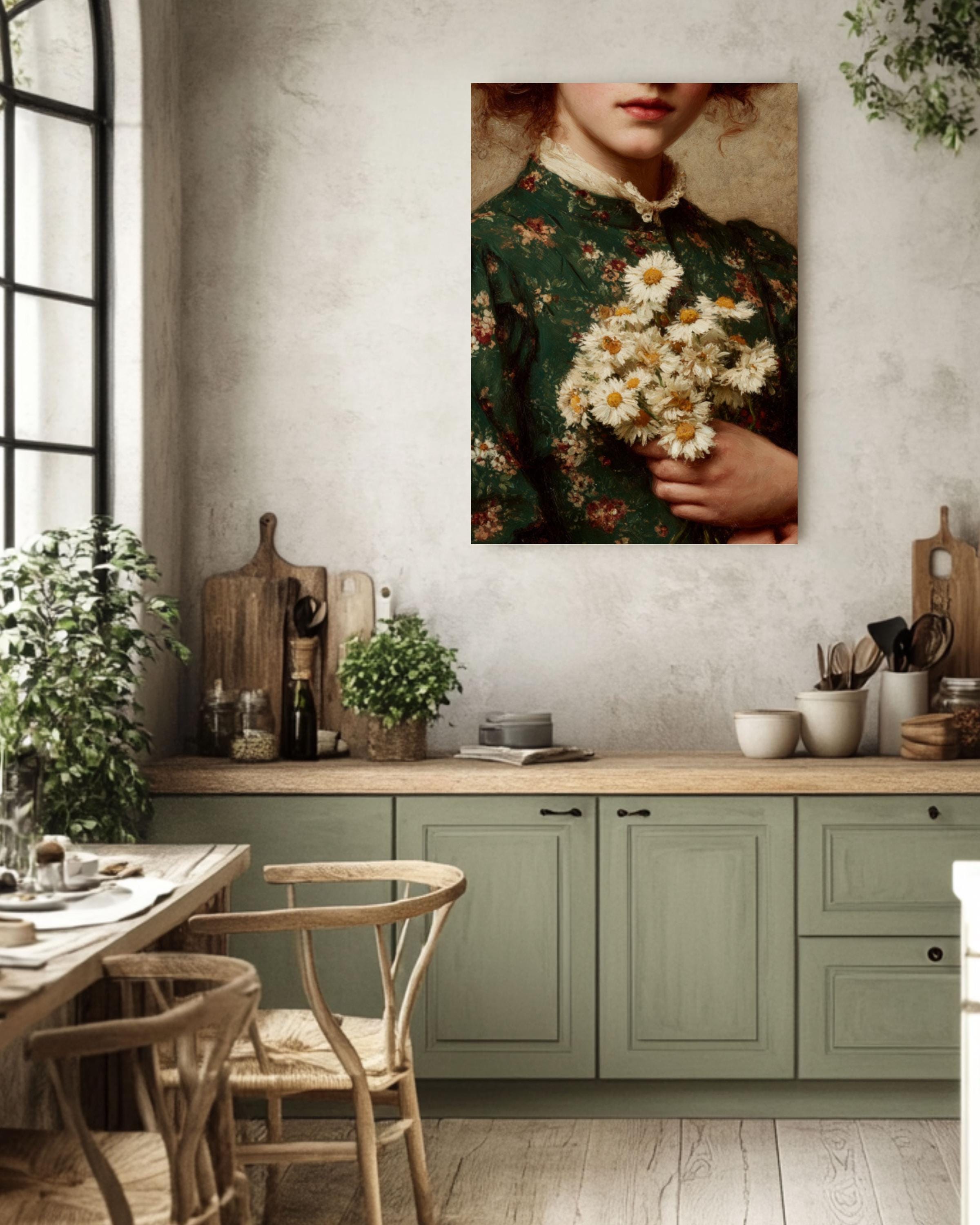 Vintage Floral Portrait Wall Art – Classical Woman with Daisies Art Print