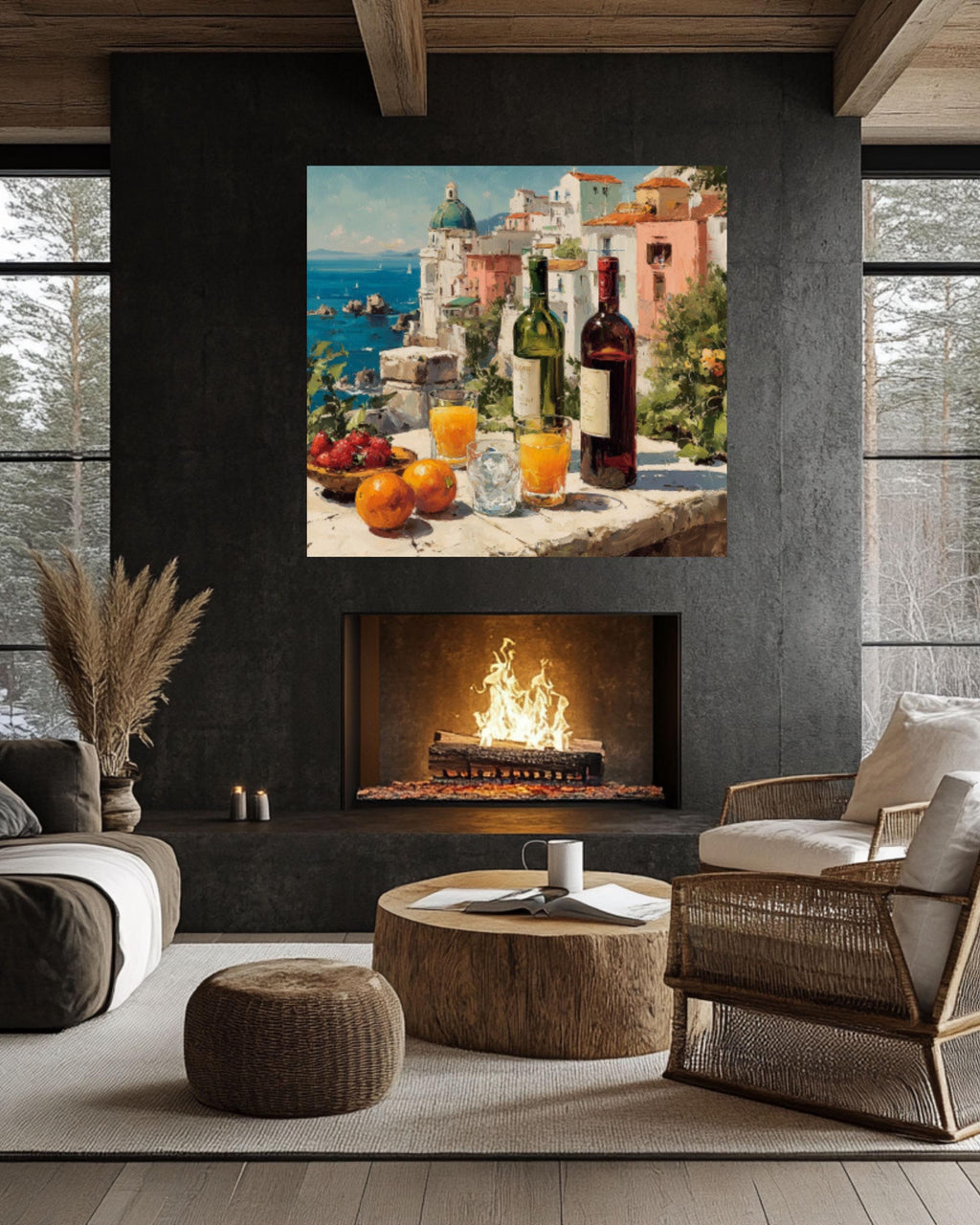 Mediterranean Wine Table Coastal Wall Art – Summer Dining Oil Painting Canvas Print