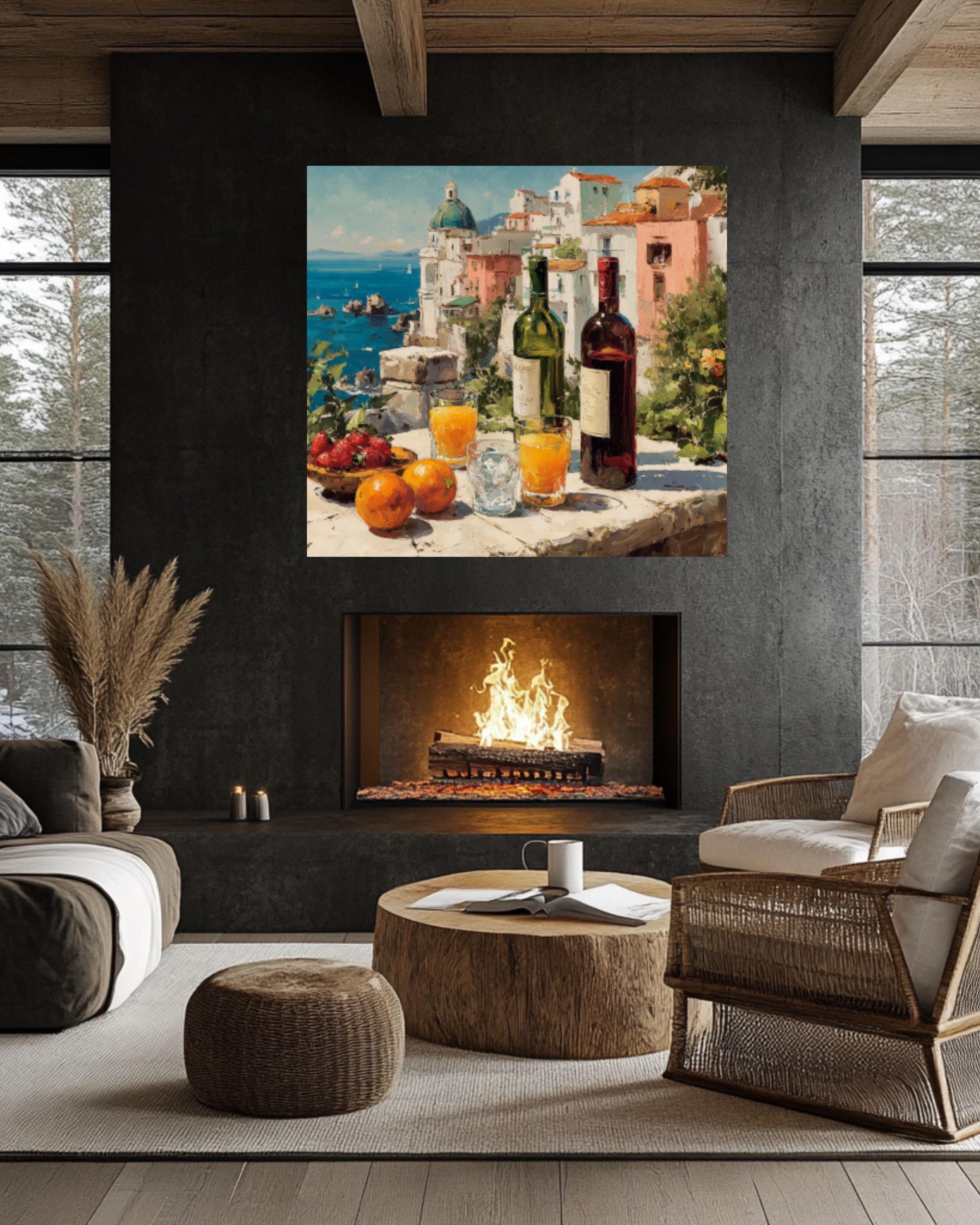 Mediterranean Wine Table Coastal Wall Art – Summer Dining Oil Painting Canvas Print