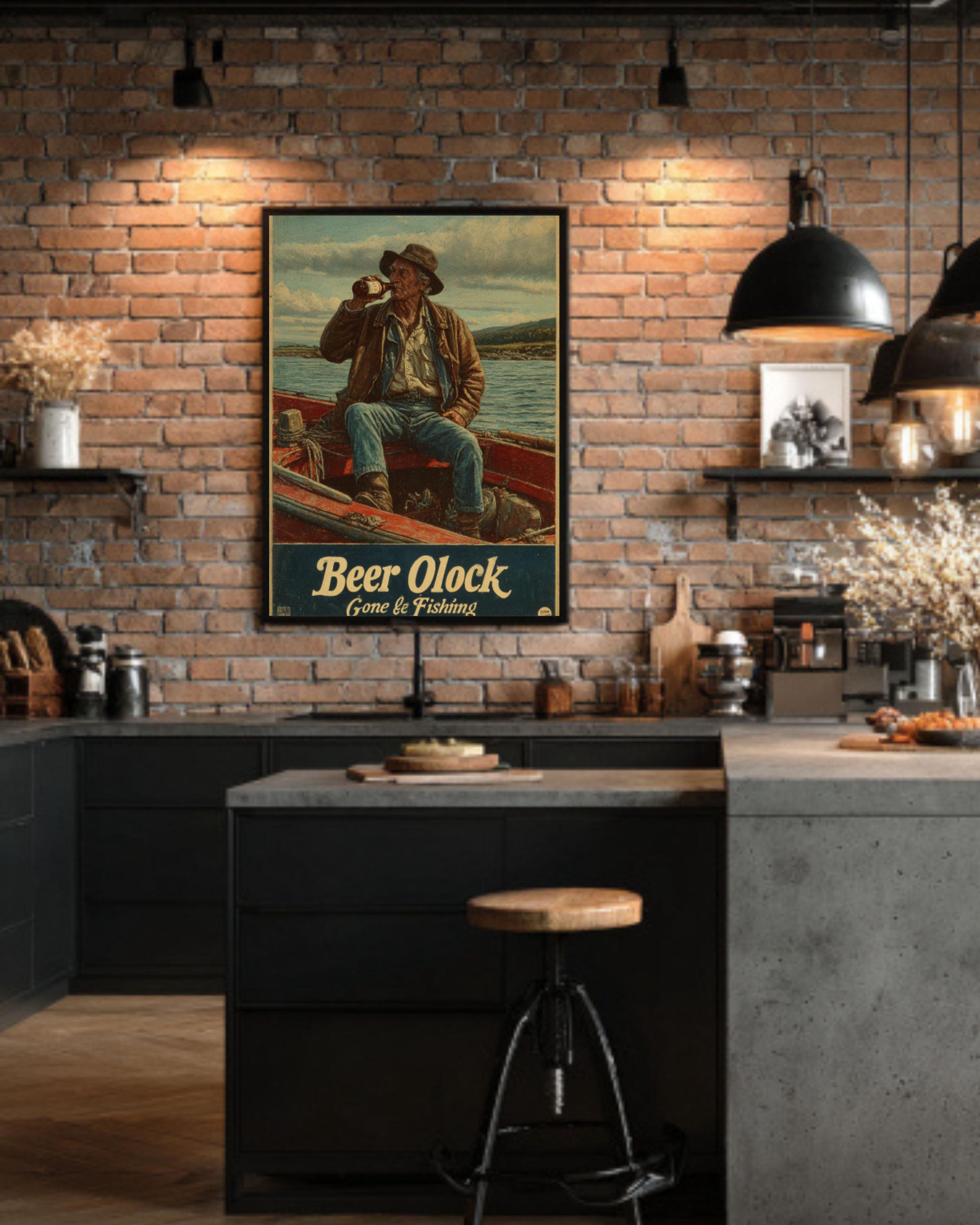 Vintage Fisherman Beer O'Clock Poster – Retro Coastal Fishing Wall Art Print