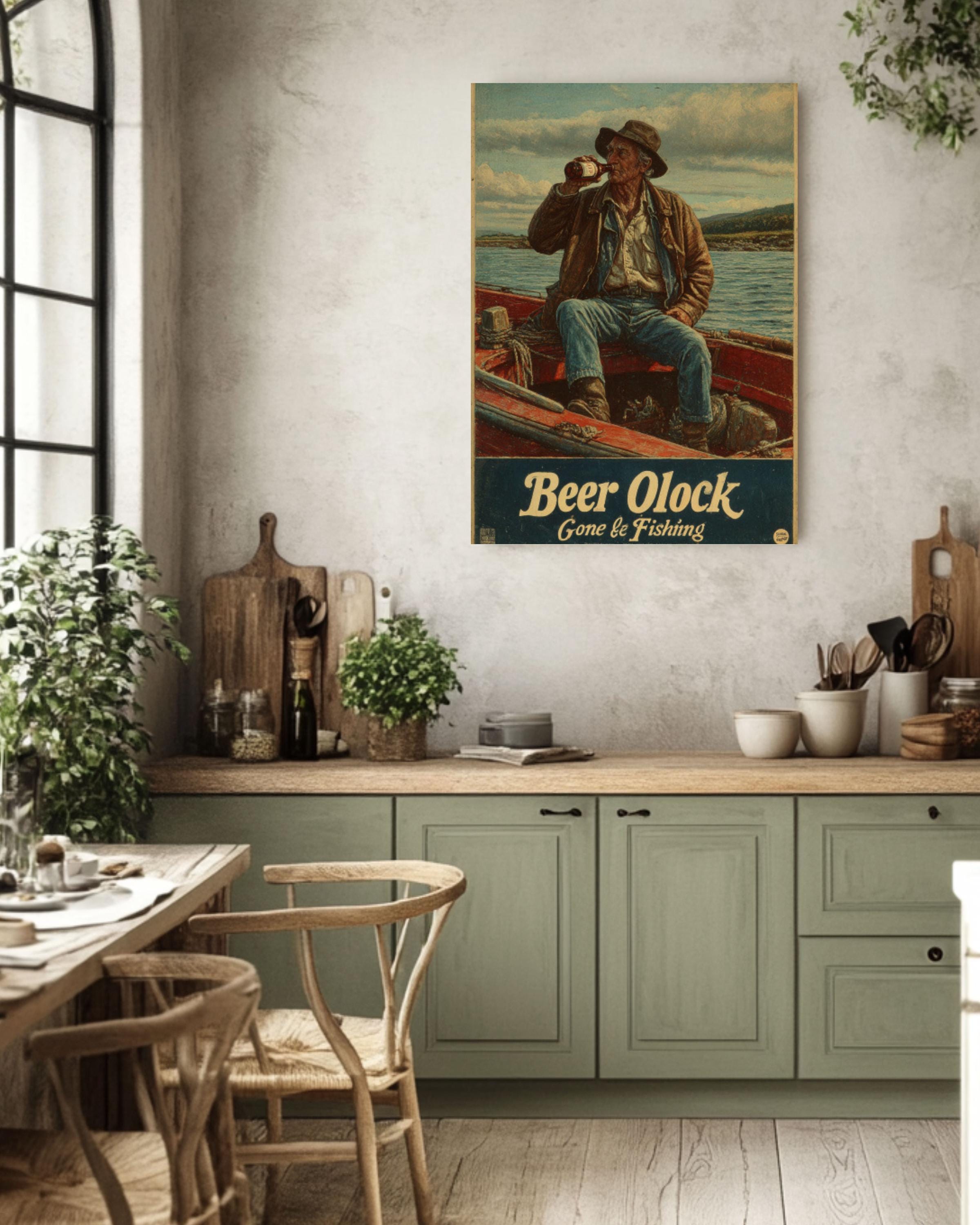 Vintage Fisherman Beer O'Clock Poster – Retro Coastal Fishing Wall Art Print