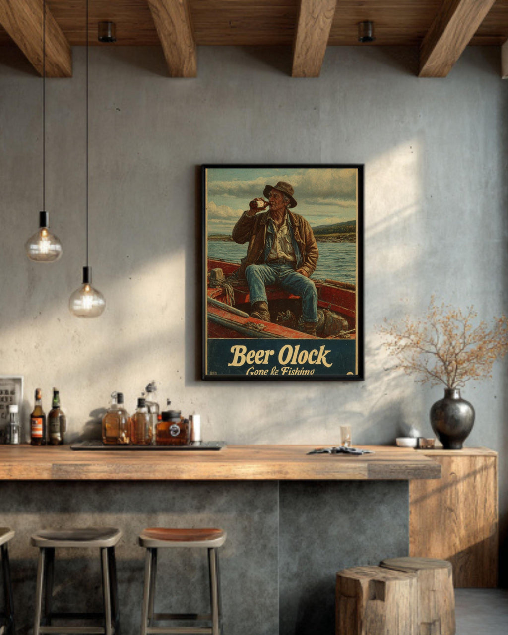 Vintage Fisherman Beer O'Clock Poster – Retro Coastal Fishing Wall Art Print