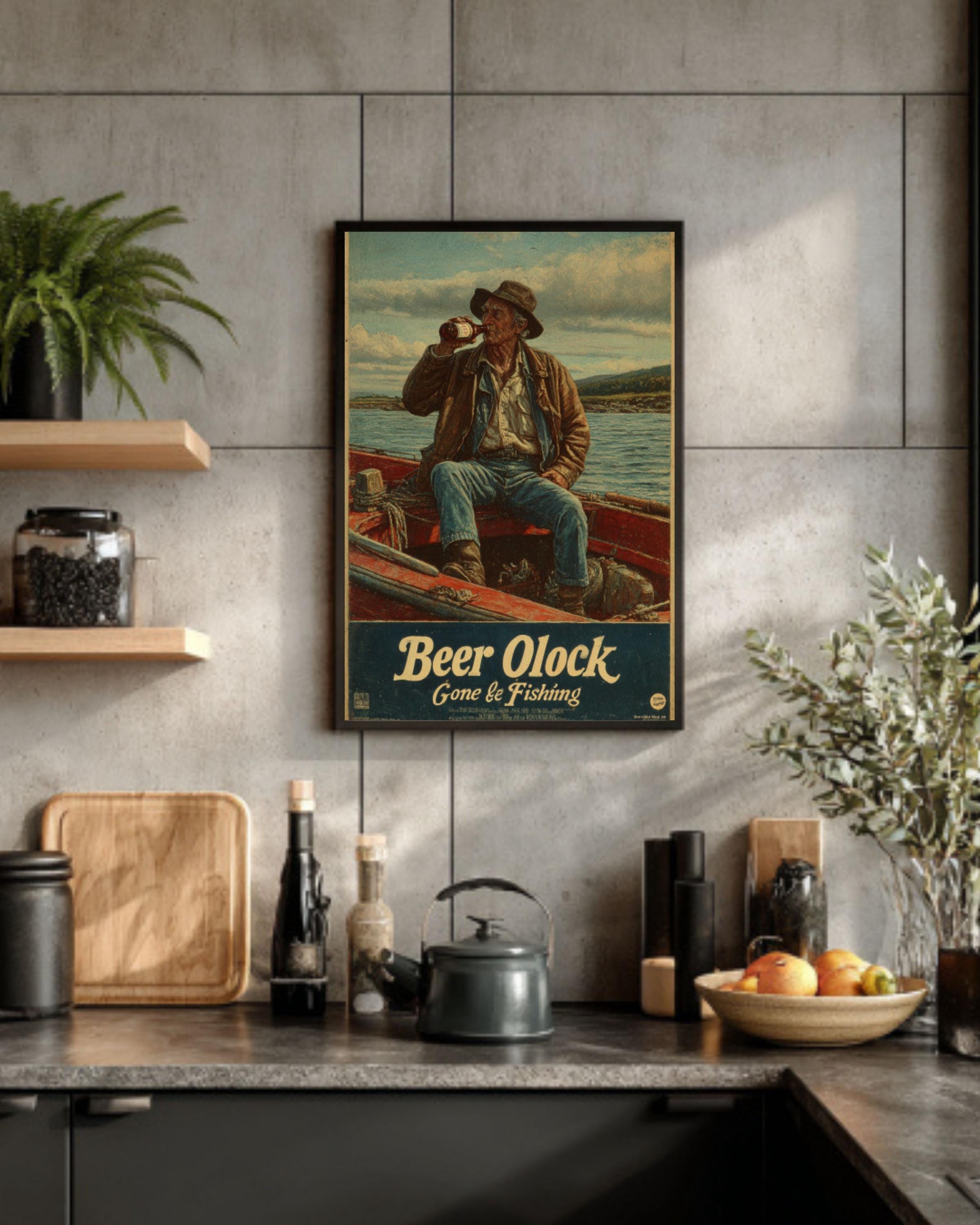Vintage Fisherman Beer O'Clock Poster – Retro Coastal Fishing Wall Art Print