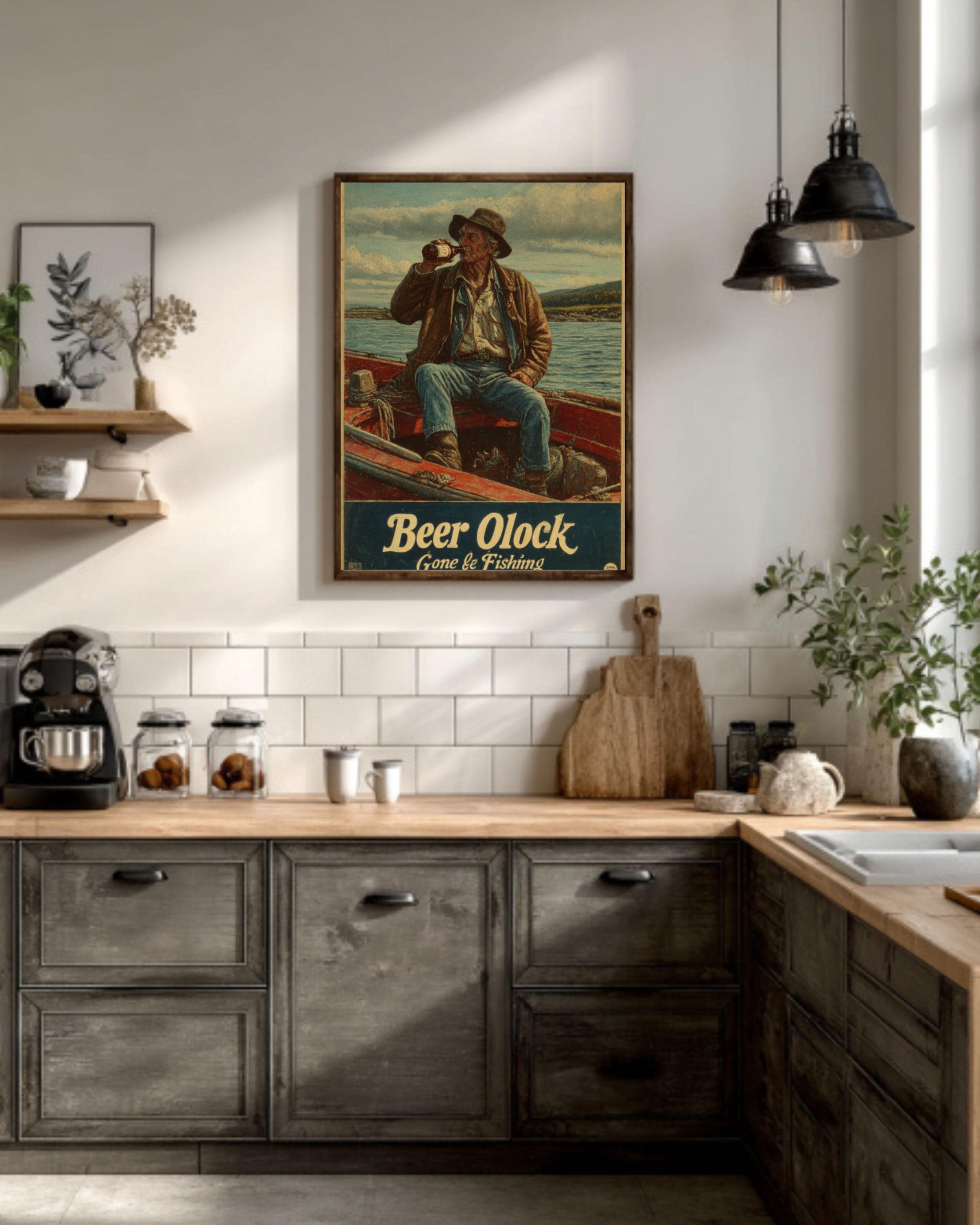 Vintage Fisherman Beer O'Clock Poster – Retro Coastal Fishing Wall Art Print