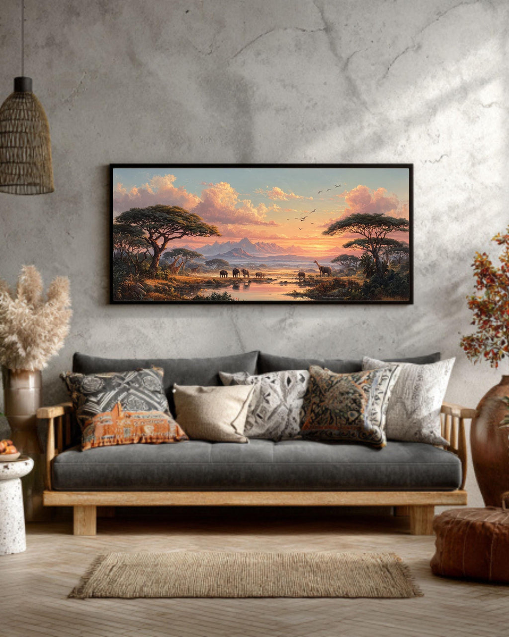 African Savannah Sunset Wall Art – Elephants & Giraffes Landscape Canvas Print