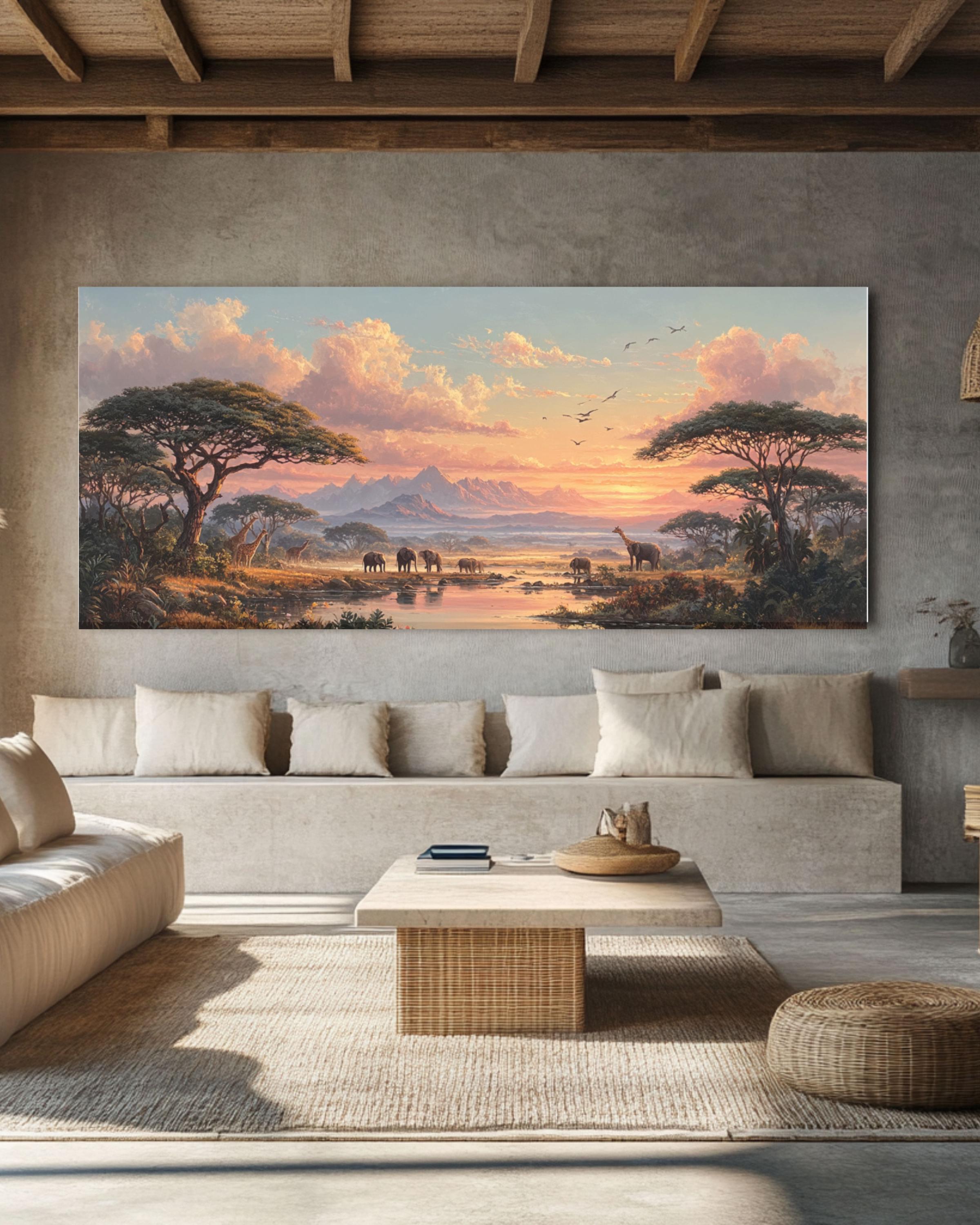 African Savannah Sunset Wall Art – Elephants & Giraffes Landscape Canvas Print