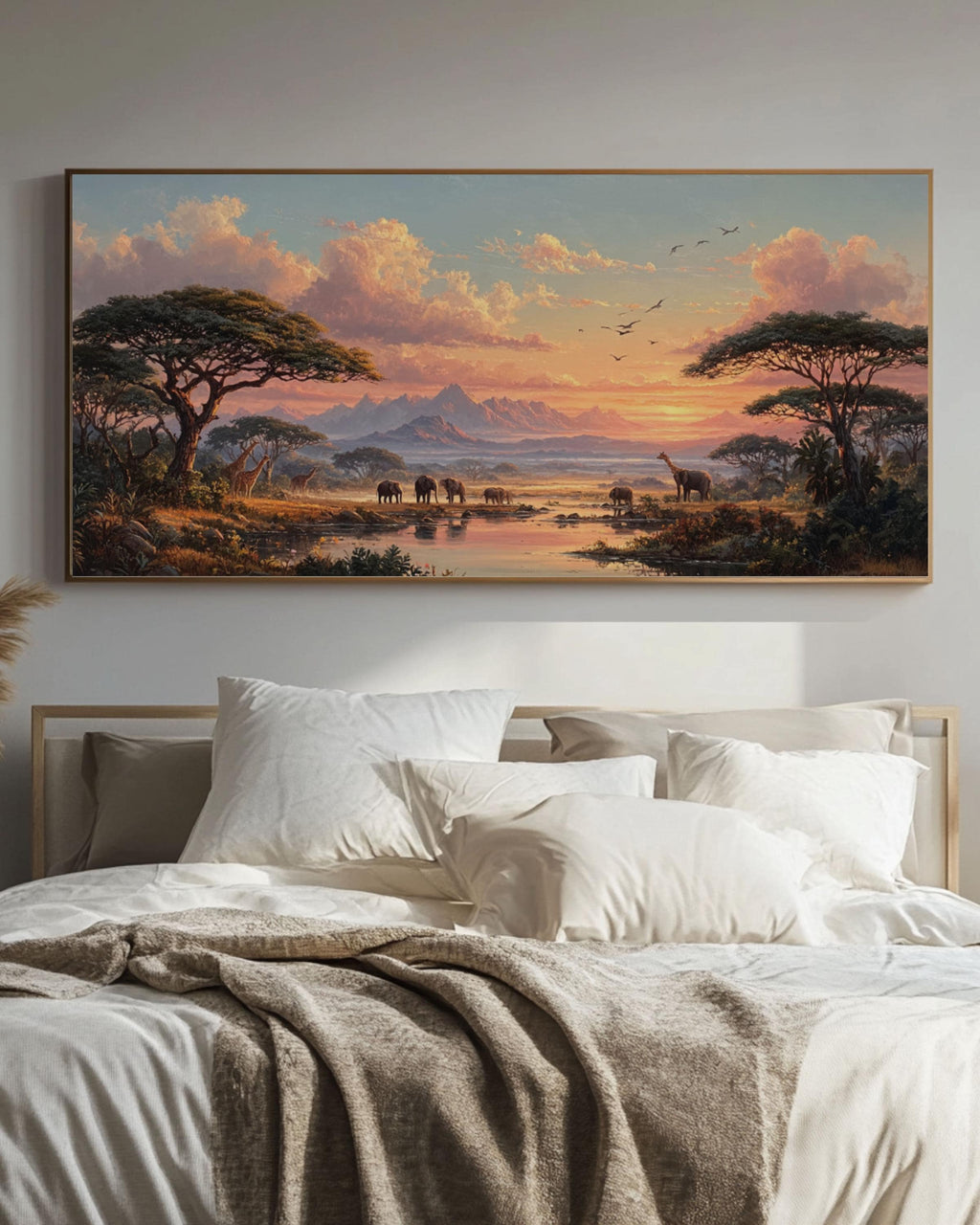 African Savannah Sunset Wall Art – Elephants & Giraffes Landscape Canvas Print