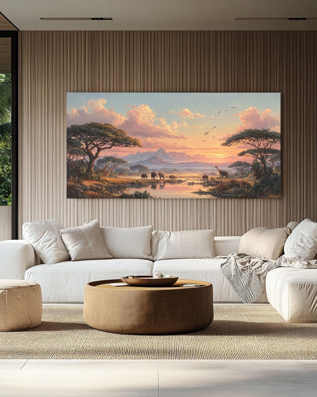 African Savannah Sunset Wall Art – Elephants & Giraffes Landscape Canvas Print
