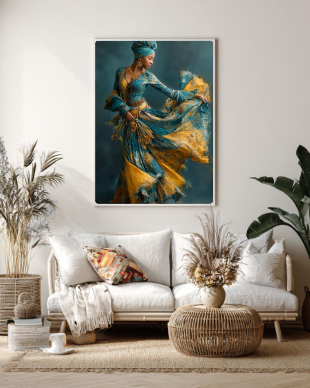 Black Woman Dancing Canvas Wall Art – Afrocentric Blue & Gold Dress Painting