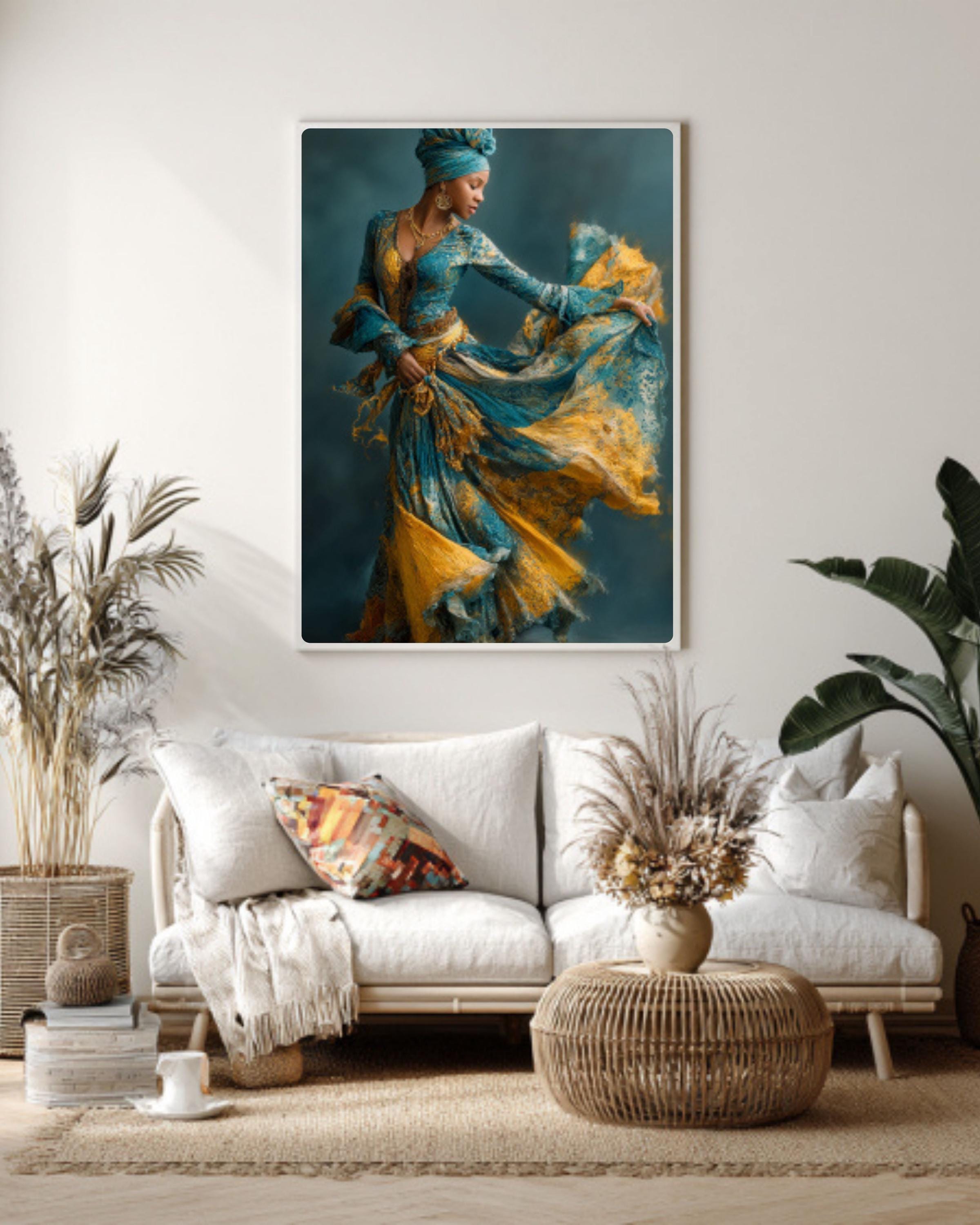 Black Woman Dancing Canvas Wall Art – Afrocentric Blue & Gold Dress Painting
