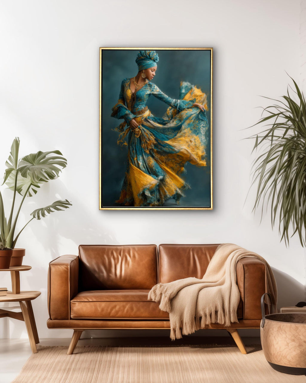 Black Woman Dancing Canvas Wall Art – Afrocentric Blue & Gold Dress Painting