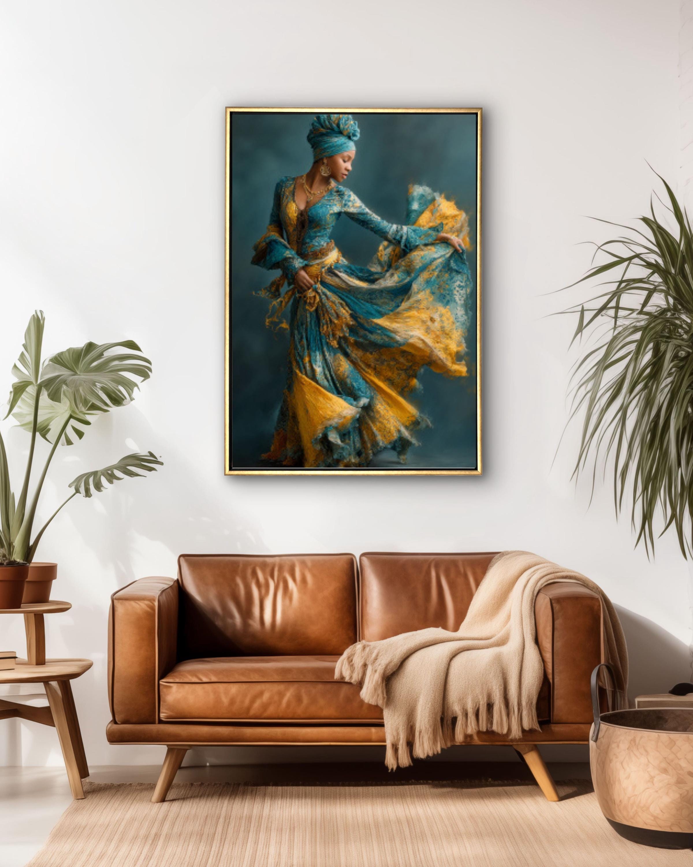 Black Woman Dancing Canvas Wall Art – Afrocentric Blue & Gold Dress Painting