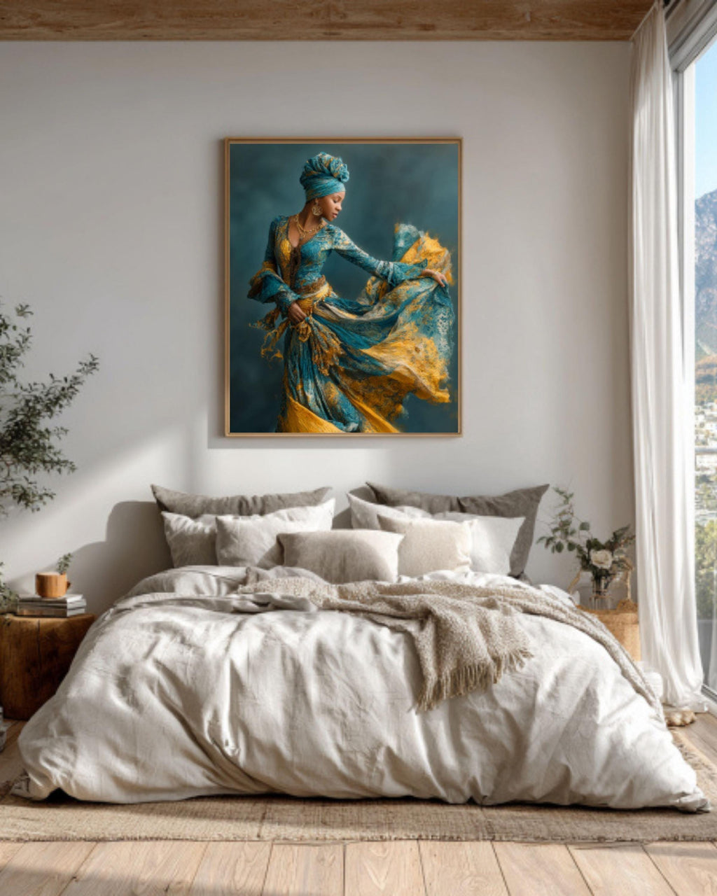 Black Woman Dancing Canvas Wall Art – Afrocentric Blue & Gold Dress Painting