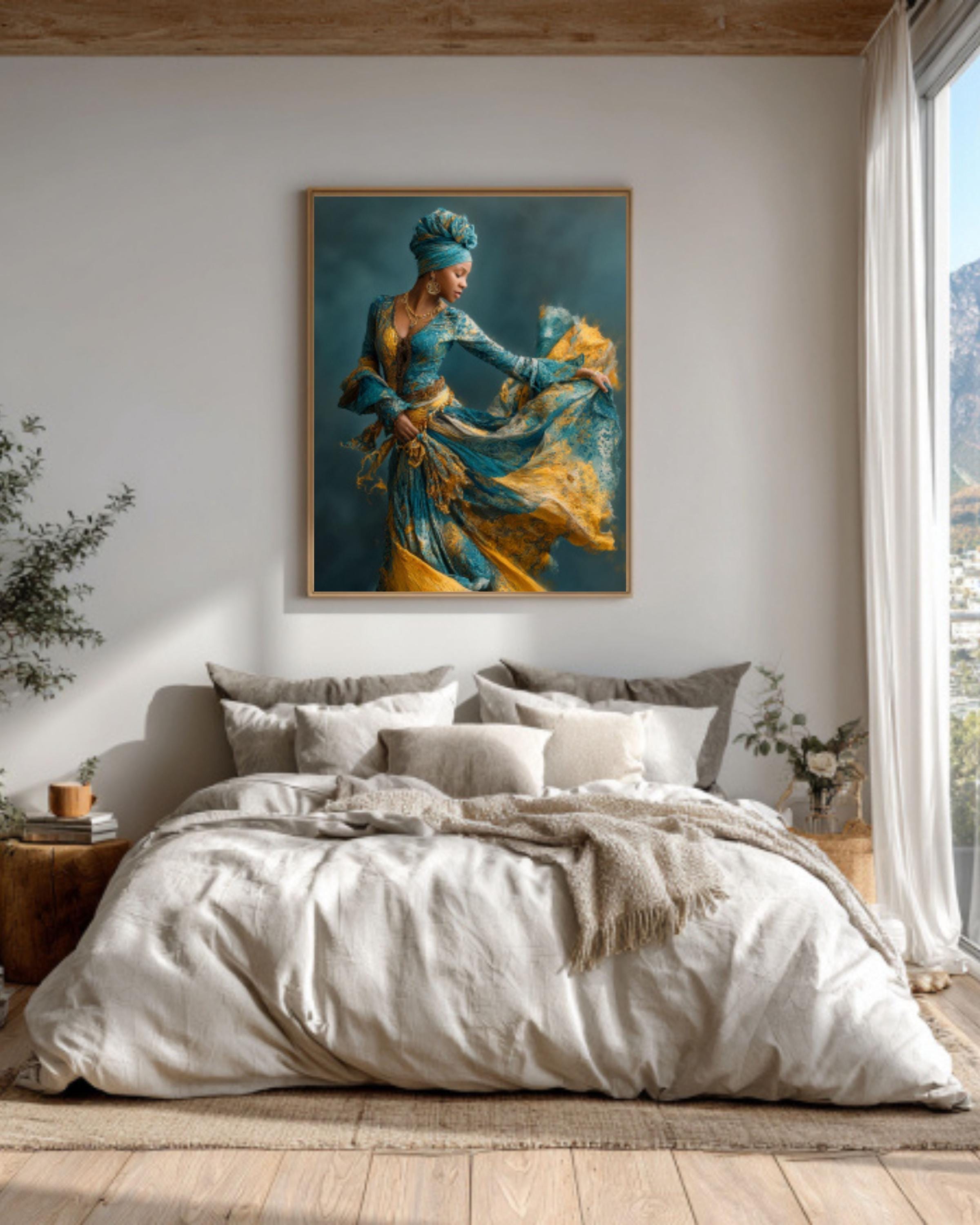 Black Woman Dancing Canvas Wall Art – Afrocentric Blue & Gold Dress Painting